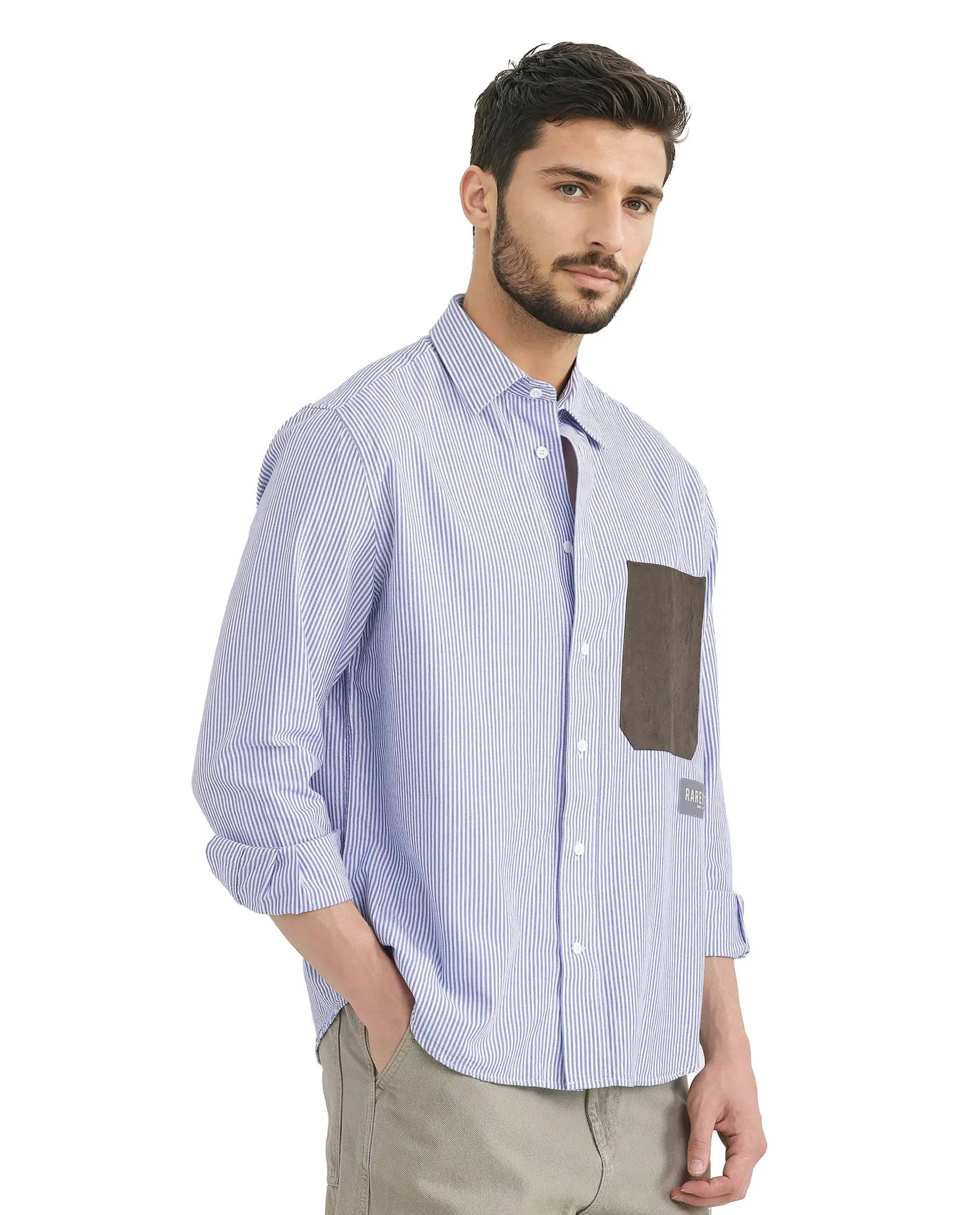 Rare Rabbit Men's Amot White Cotton Fabric Full Sleeve Button Closure Contrasting Flock Pocket Stripe Shirt