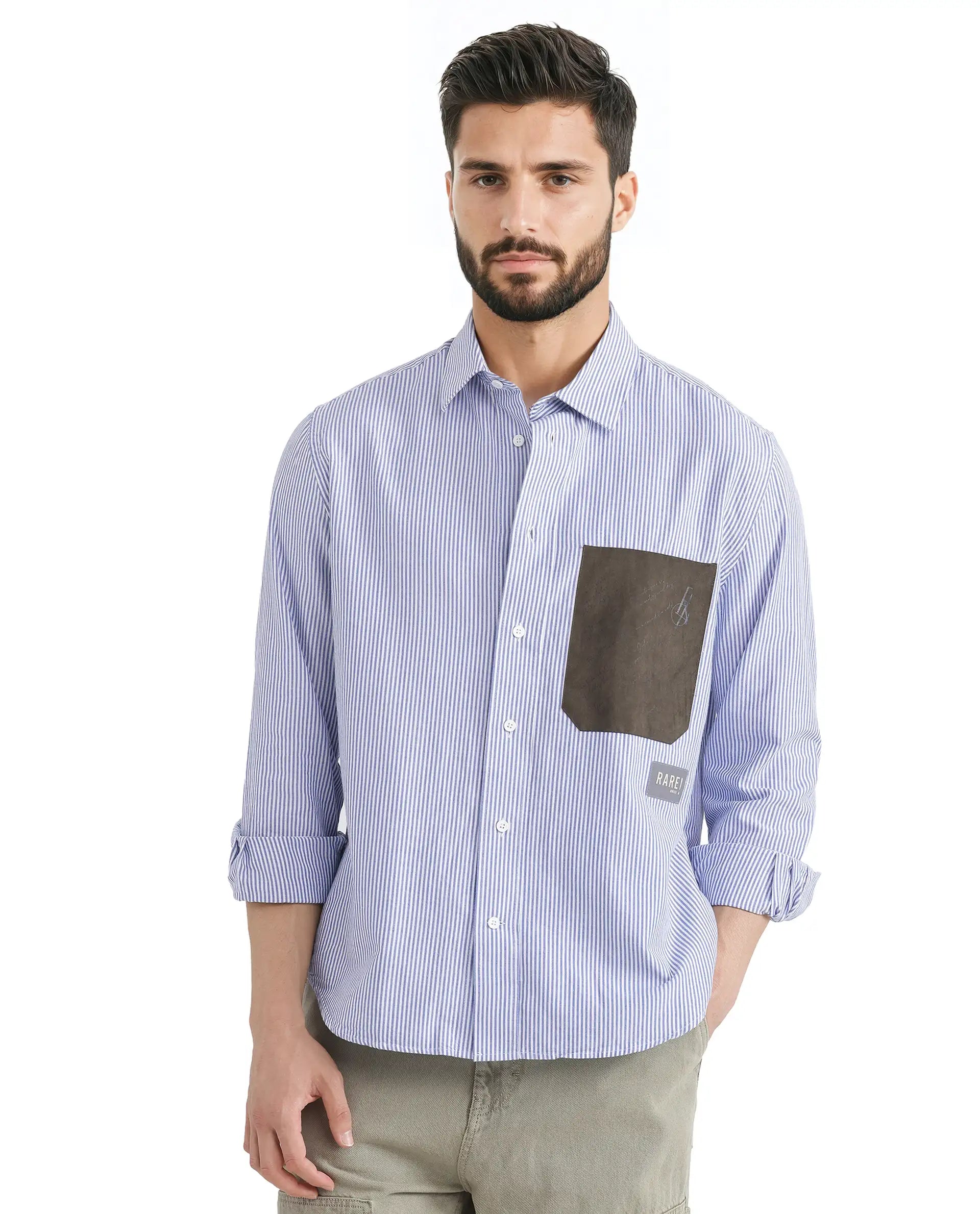 Rare Rabbit Men's Amot White Cotton Fabric Full Sleeve Button Closure Contrasting Flock Pocket Stripe Shirt