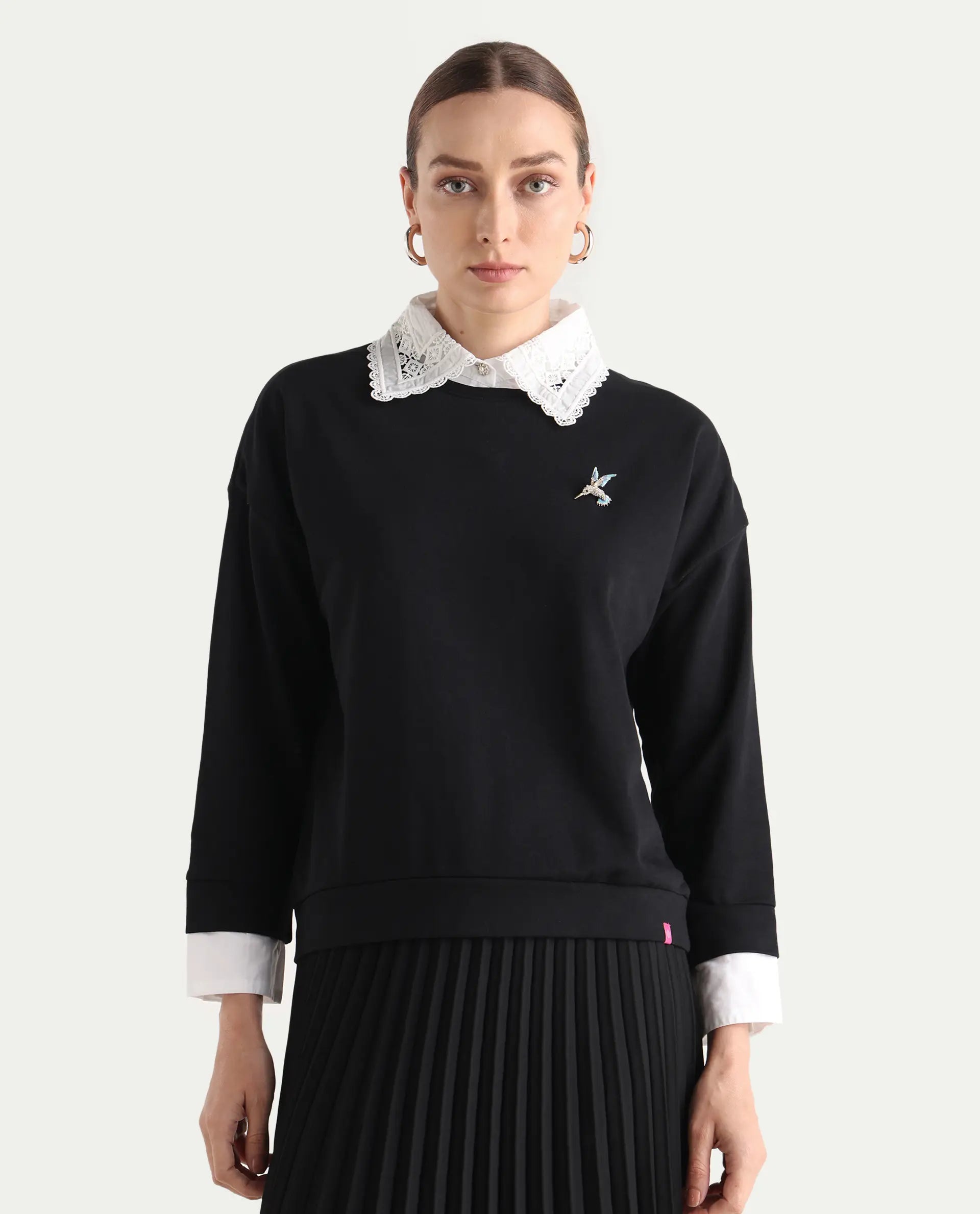 Rareism Women's Cotton Blend Spread Collar Dyed Relaxed Fit Sweatshirt