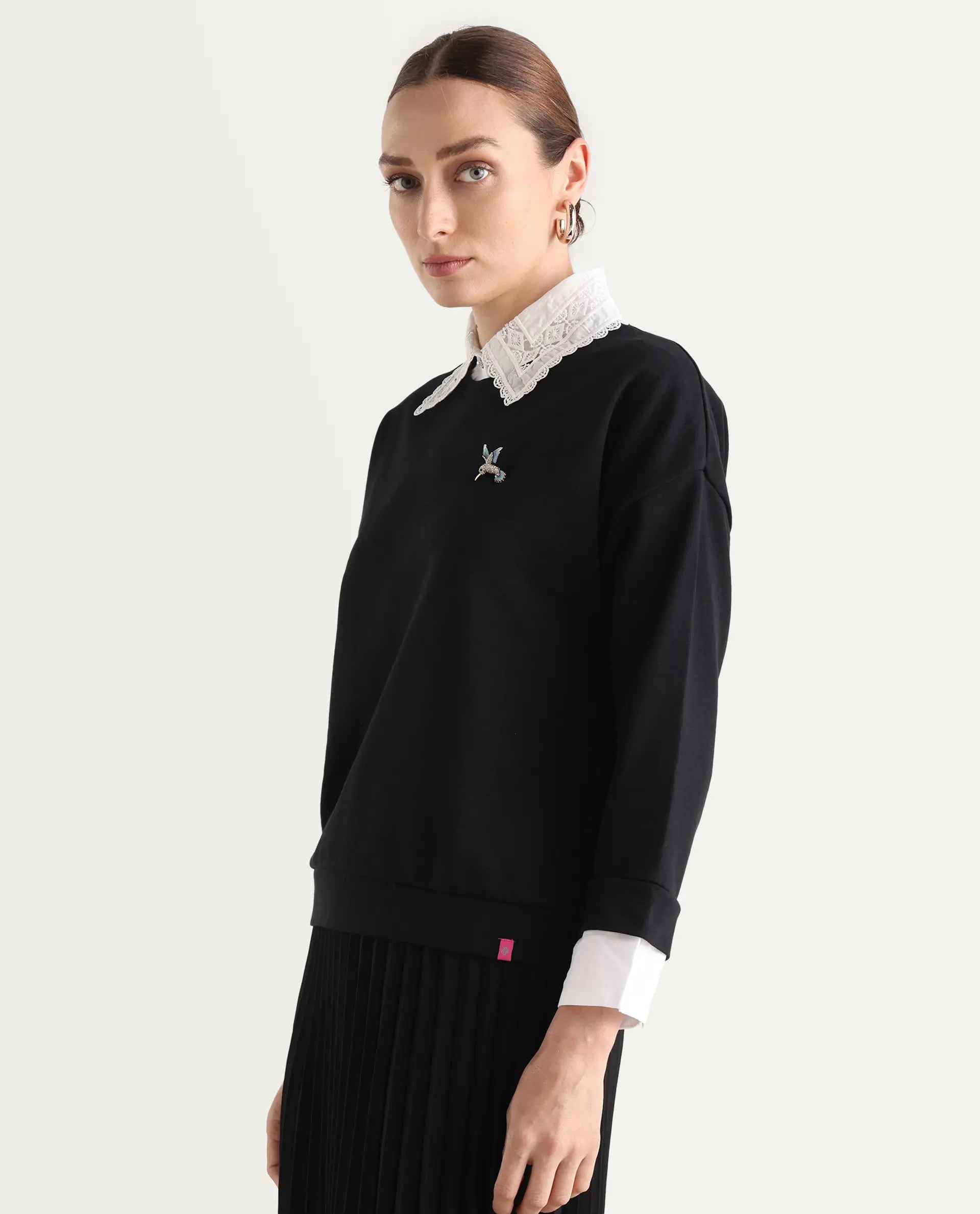Rareism Women's Cotton Blend Spread Collar Dyed Relaxed Fit Sweatshirt
