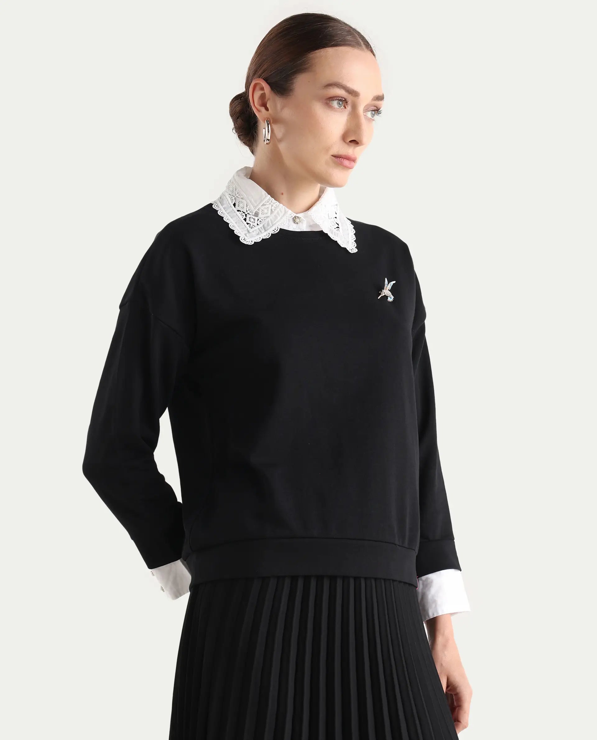 Rareism Women's Cotton Blend Spread Collar Dyed Relaxed Fit Sweatshirt
