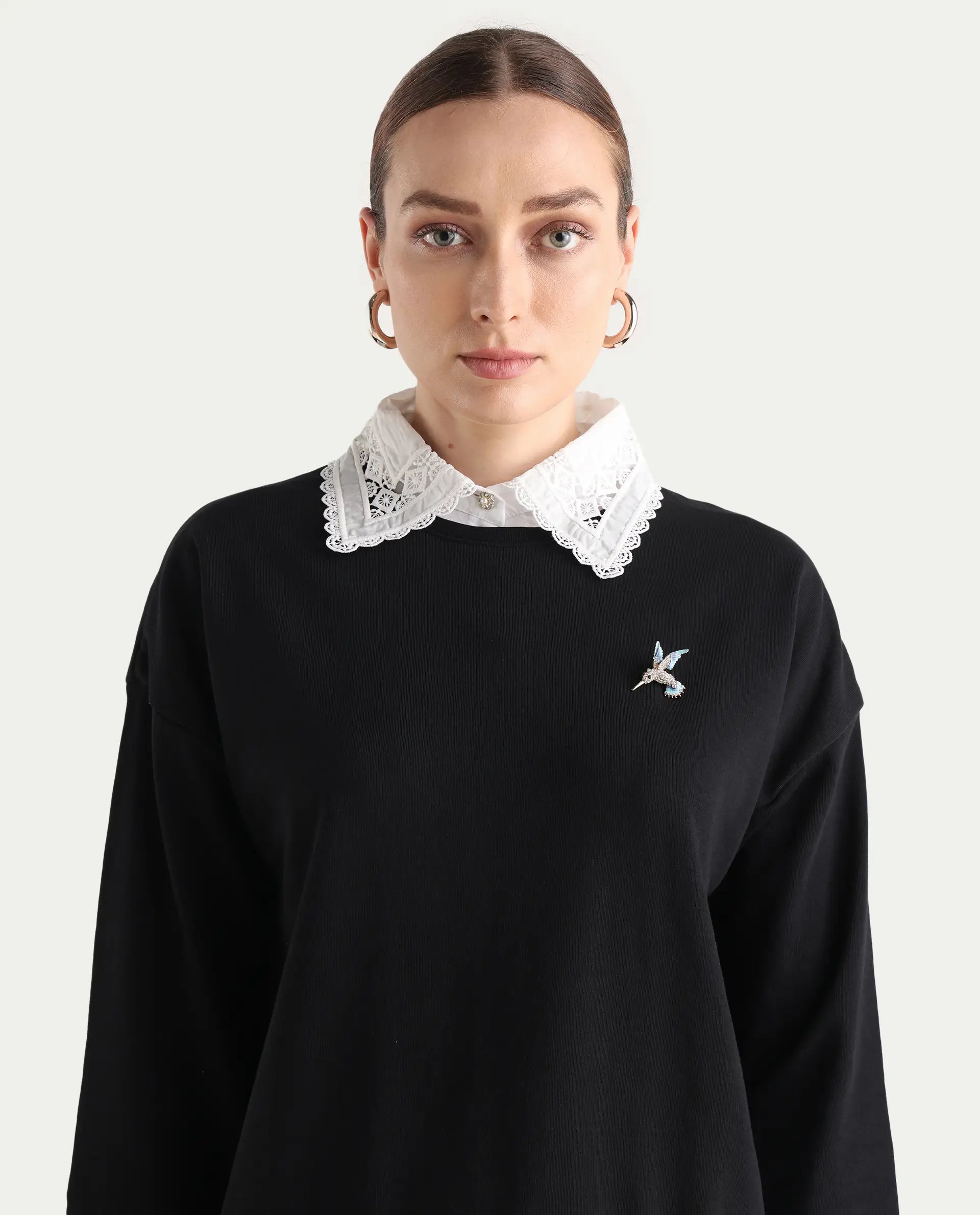 Rareism Women's Cotton Blend Spread Collar Dyed Relaxed Fit Sweatshirt