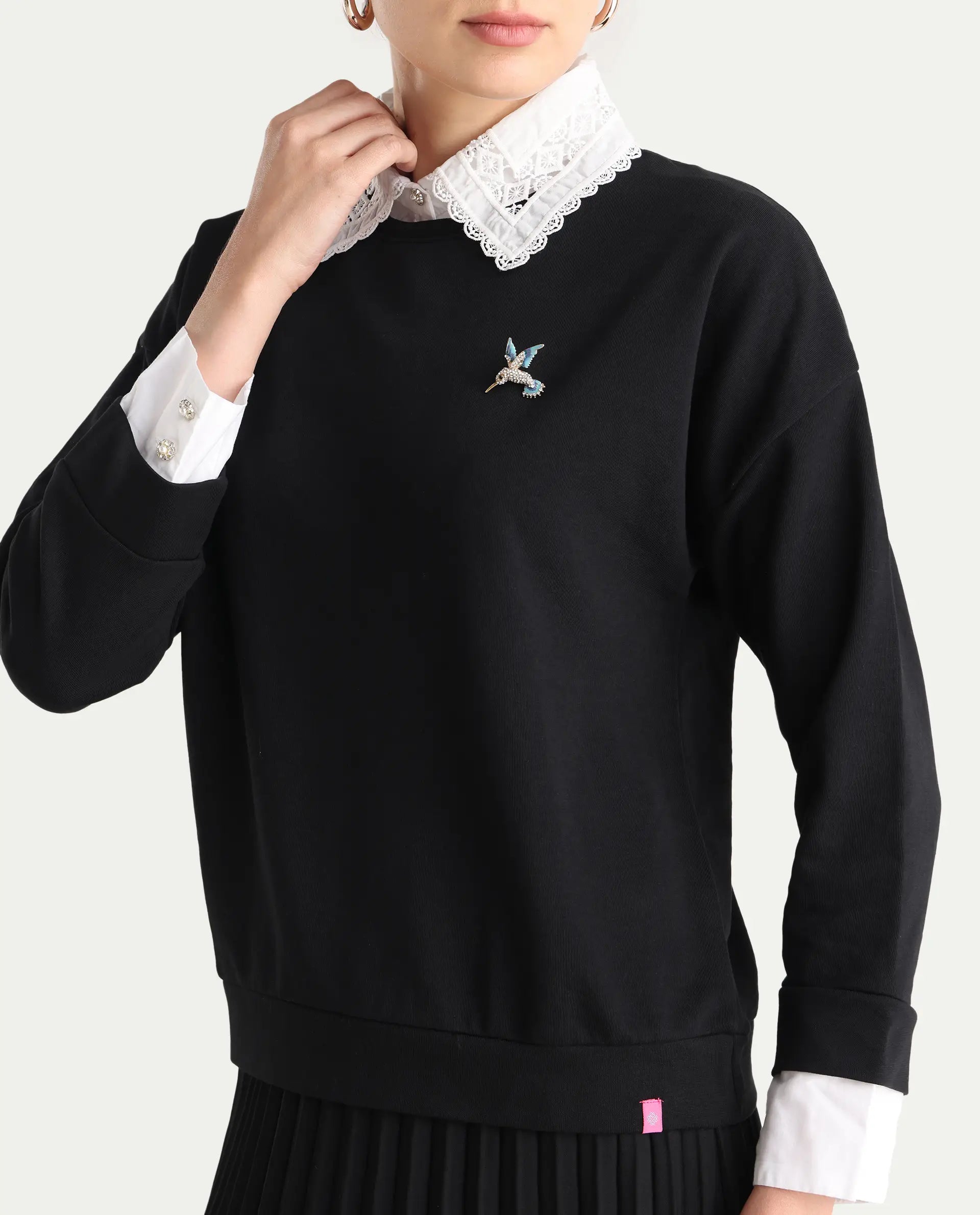 Rareism Women's Cotton Blend Spread Collar Dyed Relaxed Fit Sweatshirt