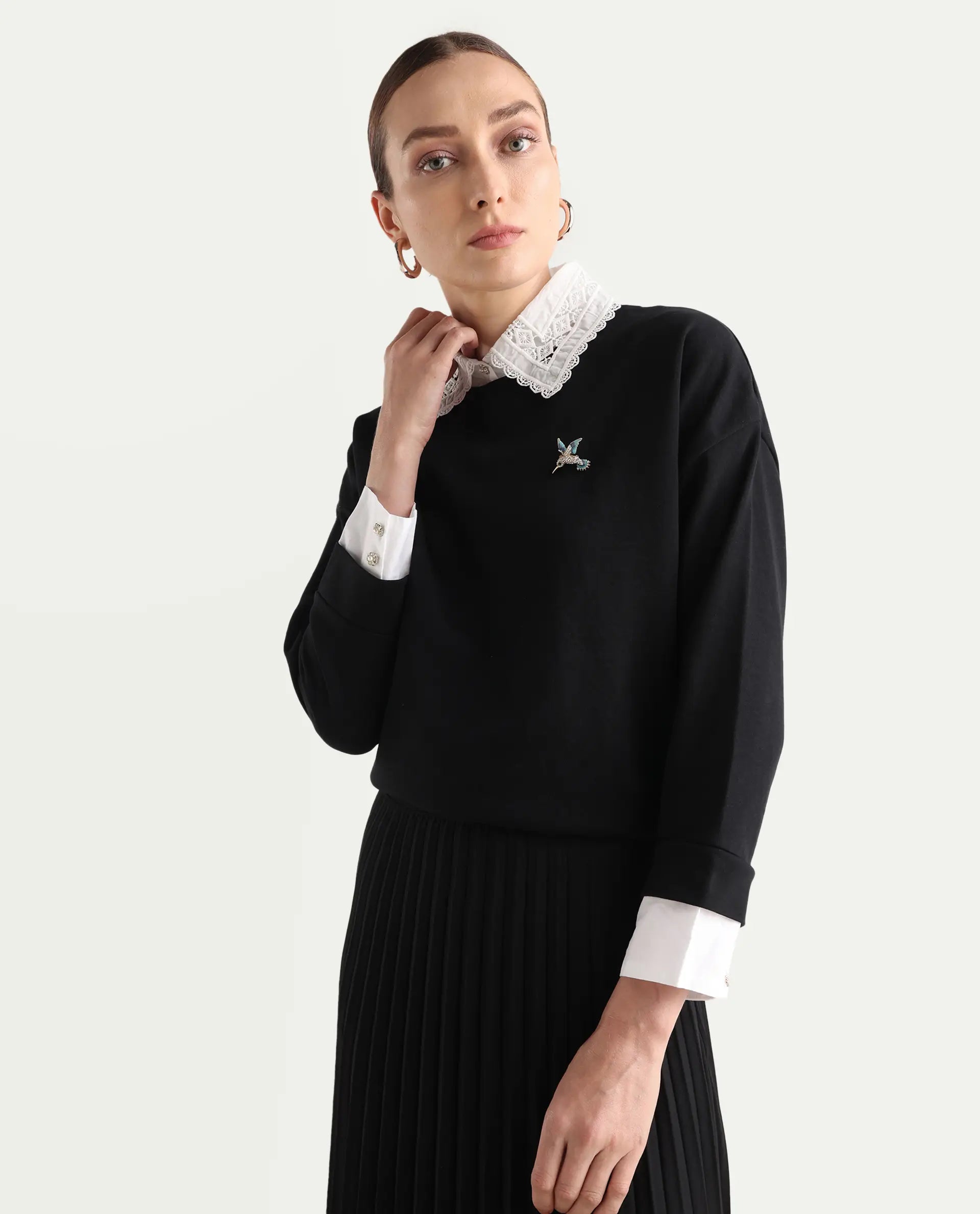 Rareism Women's Cotton Blend Spread Collar Dyed Relaxed Fit Sweatshirt