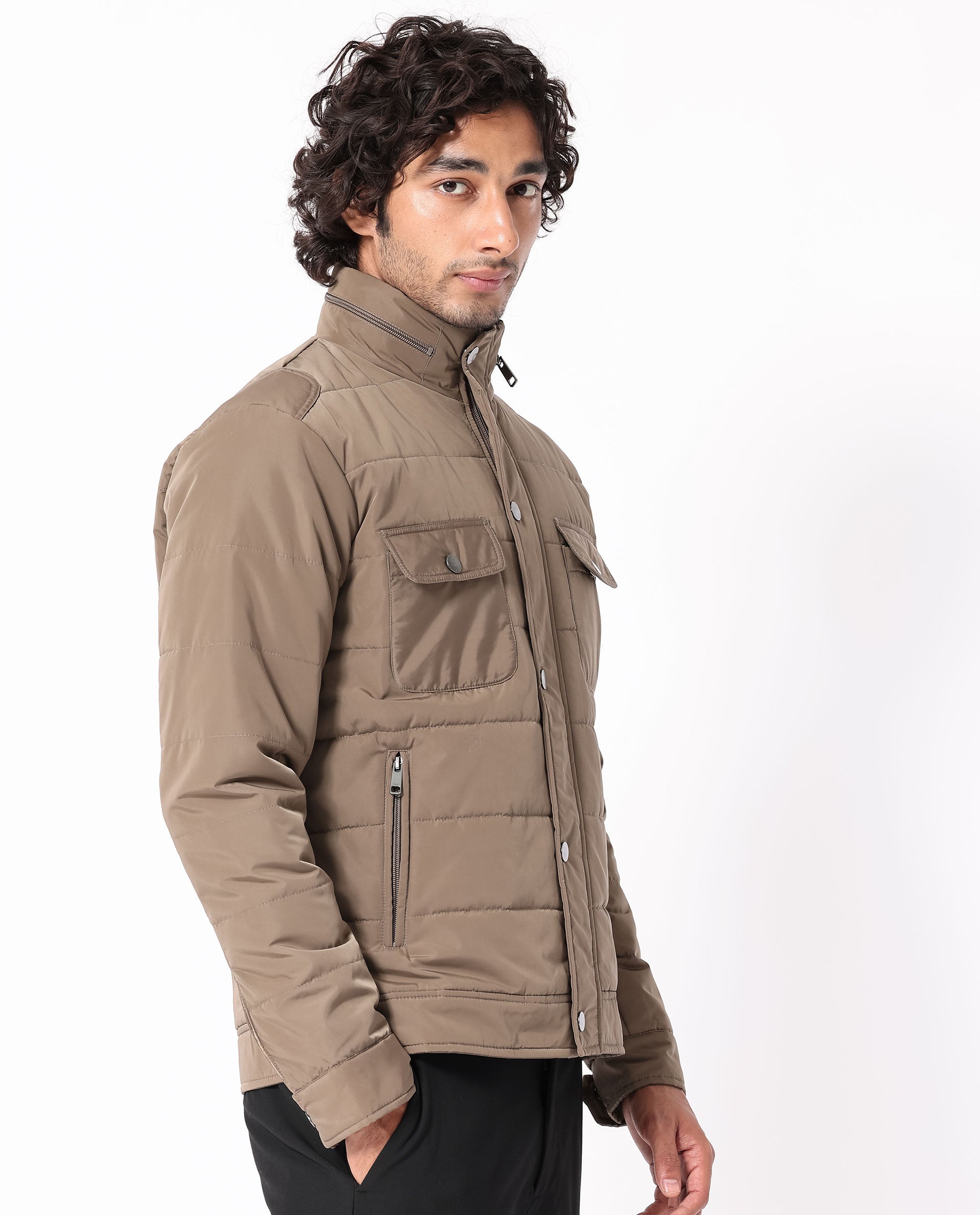Rare Rabbit Men's Anbr Khaki Plain Quilted Utility Jacket