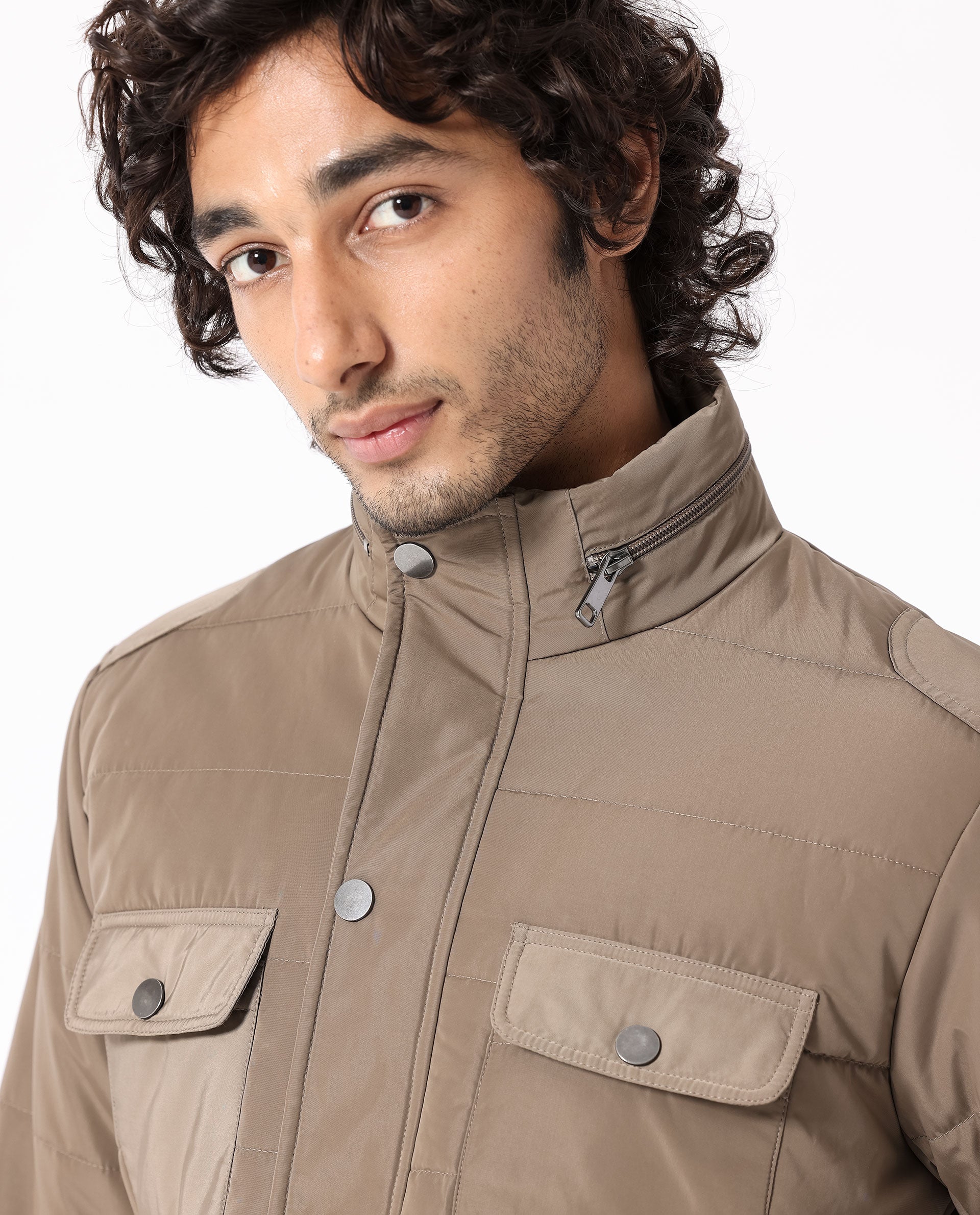 Rare Rabbit Men's Anbr Khaki Polyester Plain Relaxed Fit Full Sleeve Spread Collar Jacket