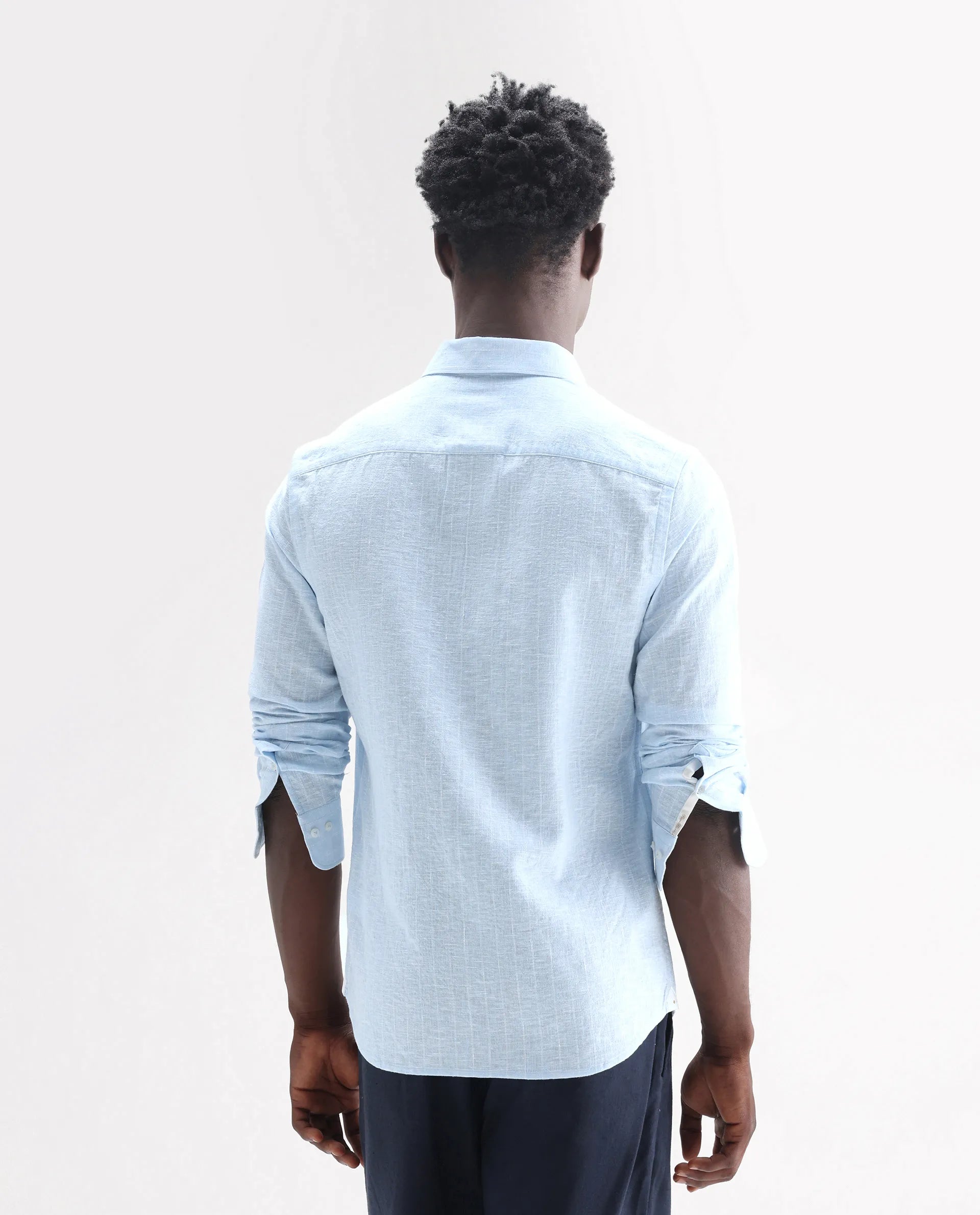 Rare Rabbit Men's Anders Light Blue 100% Linen Striped Print Regular Fit Full Sleeve Collared Shirt