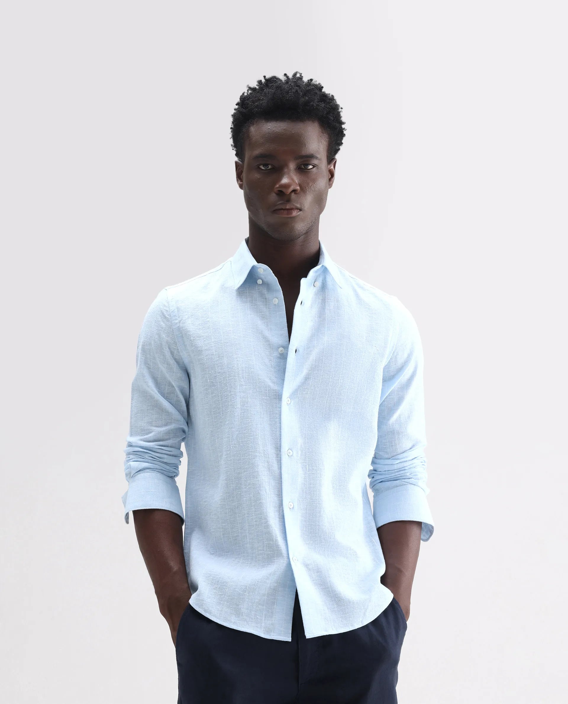 Rare Rabbit Men's Anders Light Blue 100% Linen Striped Print Regular Fit Full Sleeve Collared Shirt