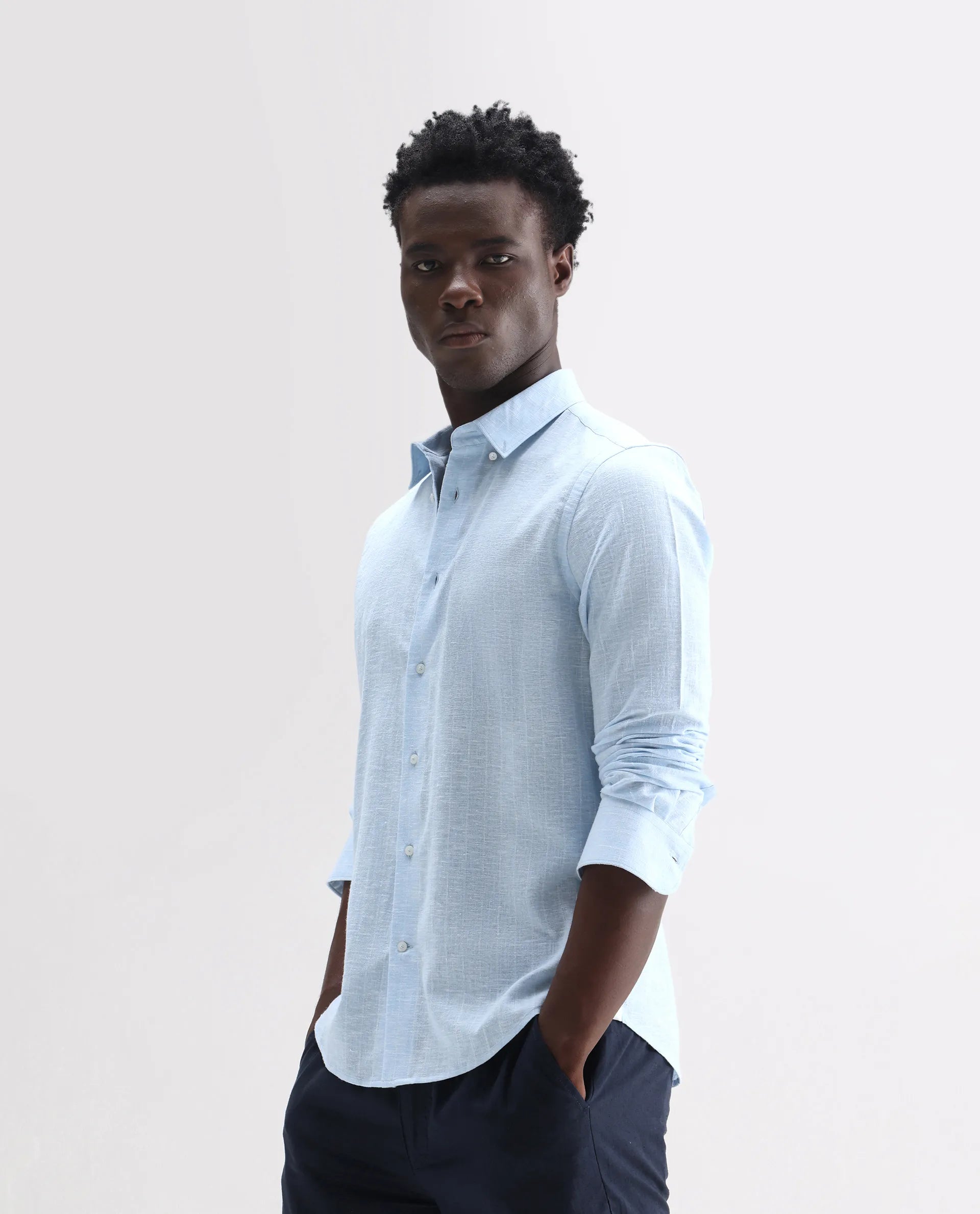 Rare Rabbit Men's Anders Light Blue 100% Linen Striped Print Regular Fit Full Sleeve Collared Shirt