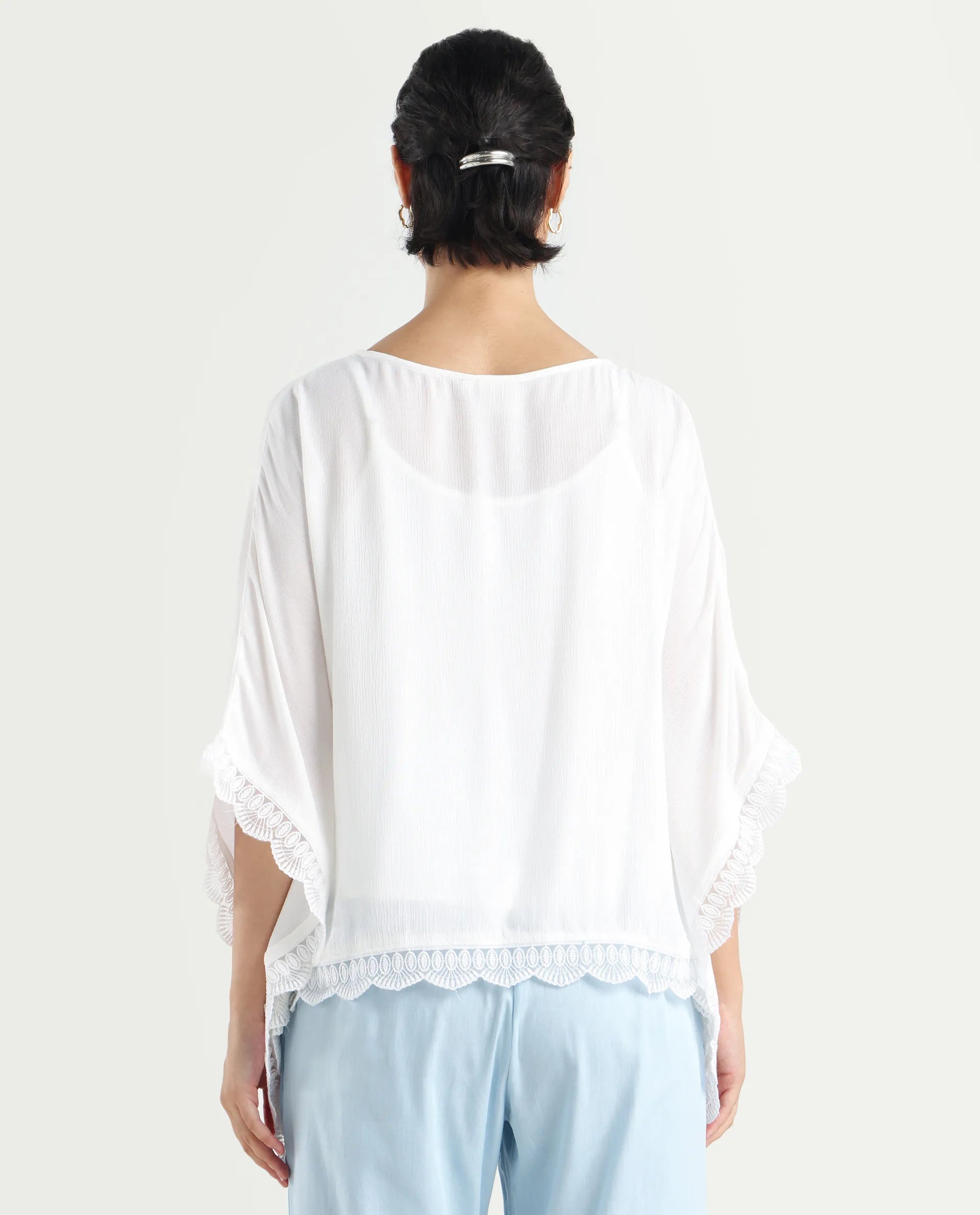 Rareism Women's Ancona White Rayon Boat Neck Plain Kimono Sleeve Relaxed Fit Top