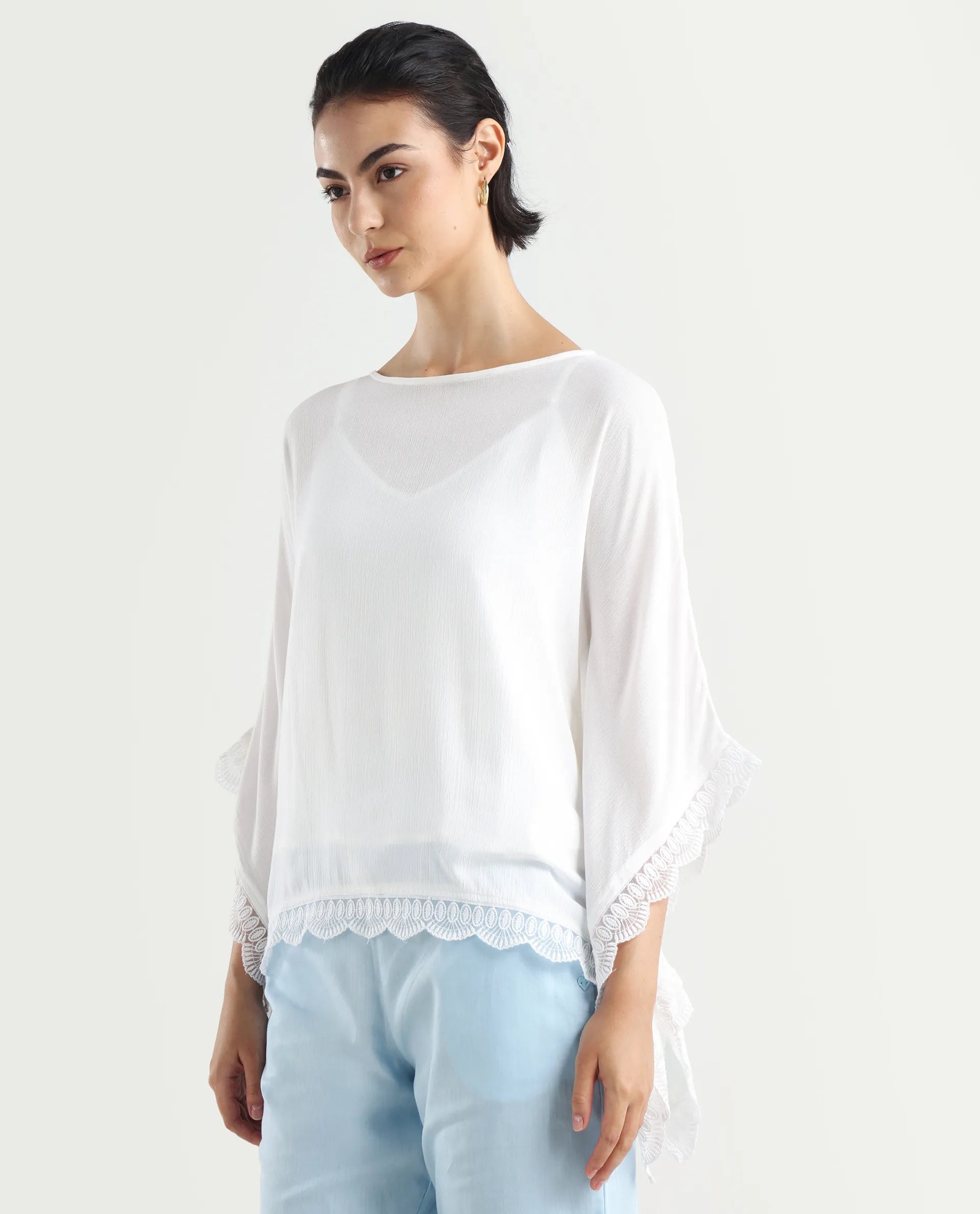 Rareism Women's Ancona White Rayon Boat Neck Plain Kimono Sleeve Relaxed Fit Top