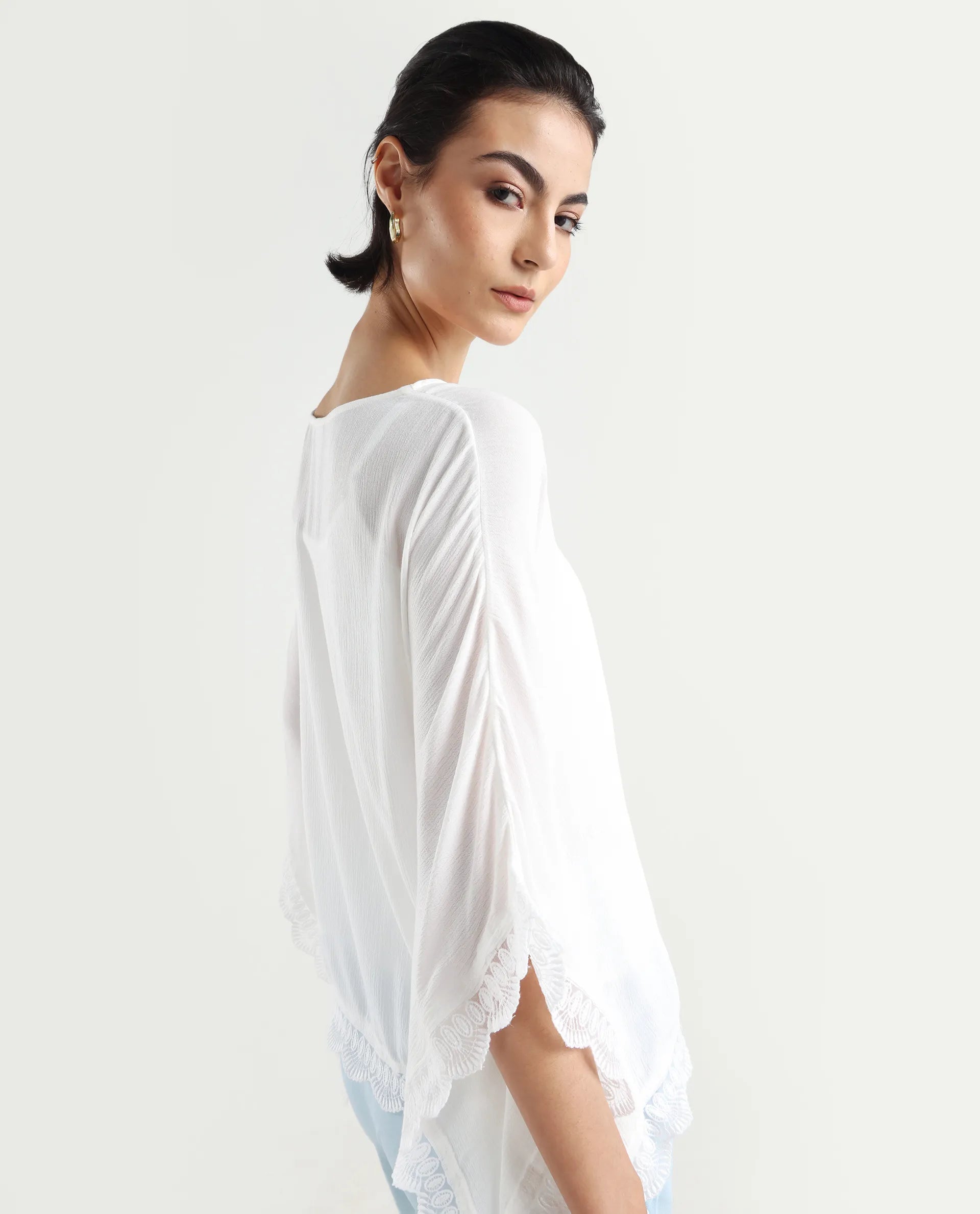 Rareism Women's Ancona White Rayon Boat Neck Plain Kimono Sleeve Relaxed Fit Top