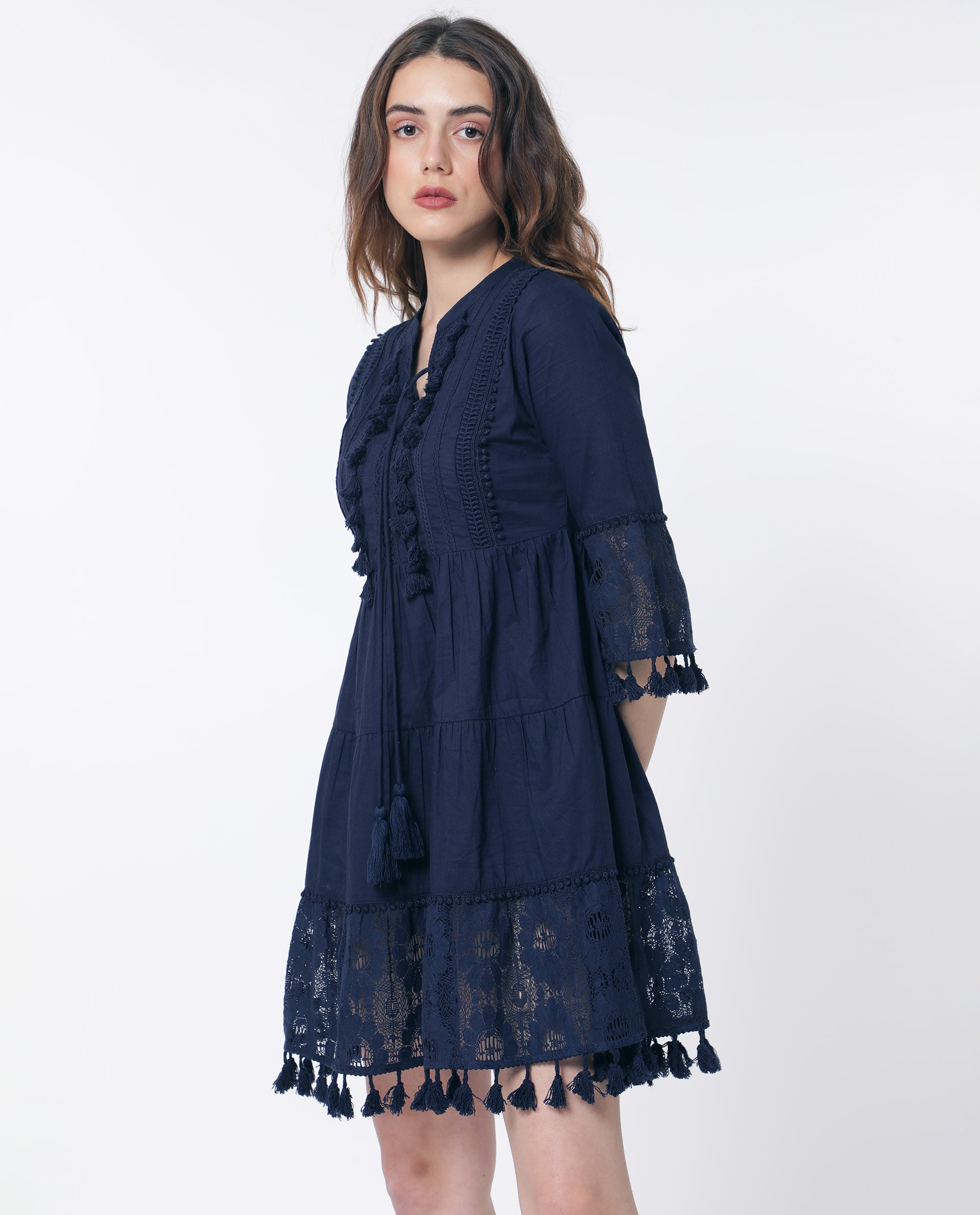 Rareism Women Andarin Navy Tie Up Neck Bell Sleeves Tassel Lace On Sleeve And Hem Mini Dress
