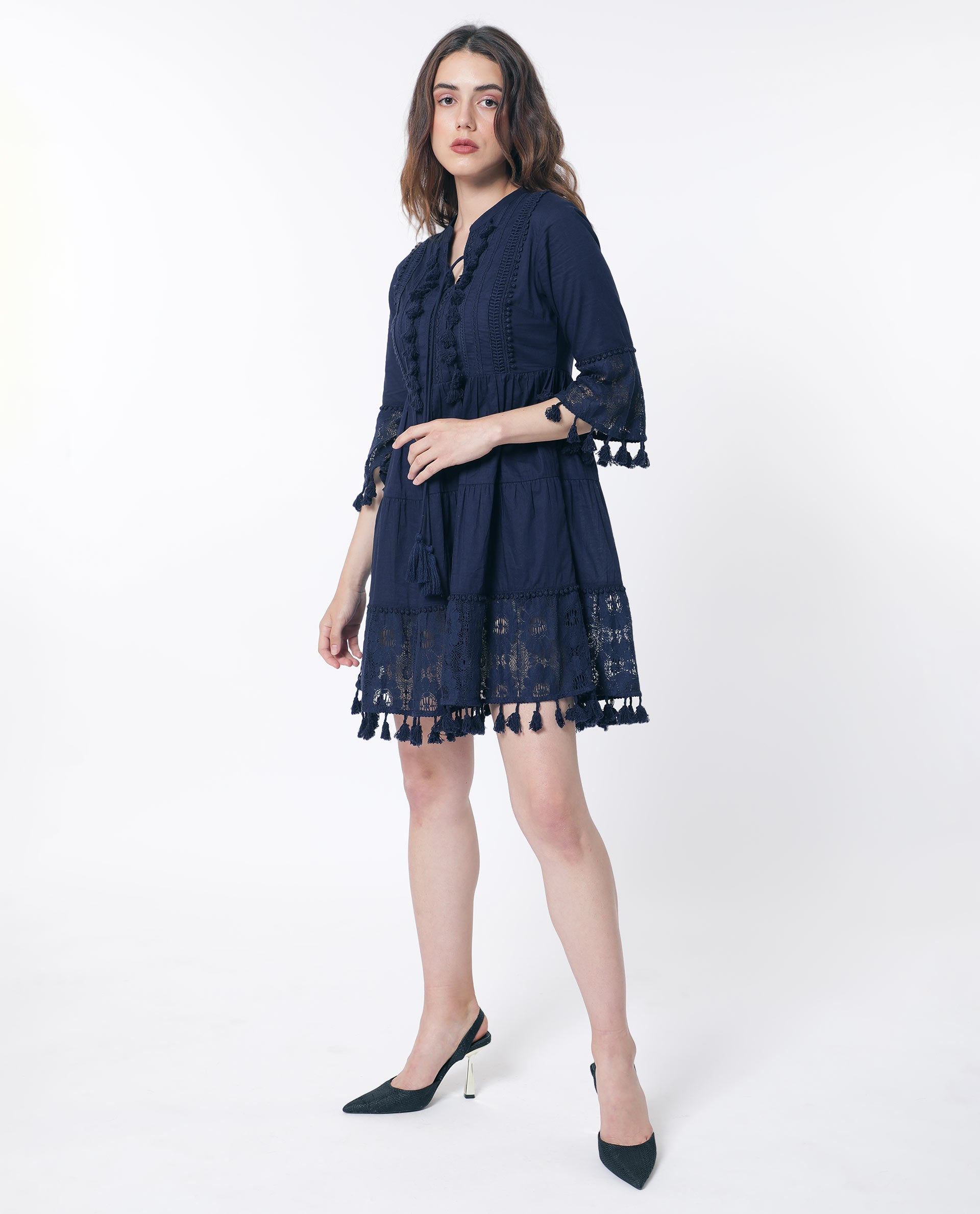 Rareism Women Andarin Navy Tie Up Neck Bell Sleeves Tassel Lace On Sleeve And Hem Mini Dress