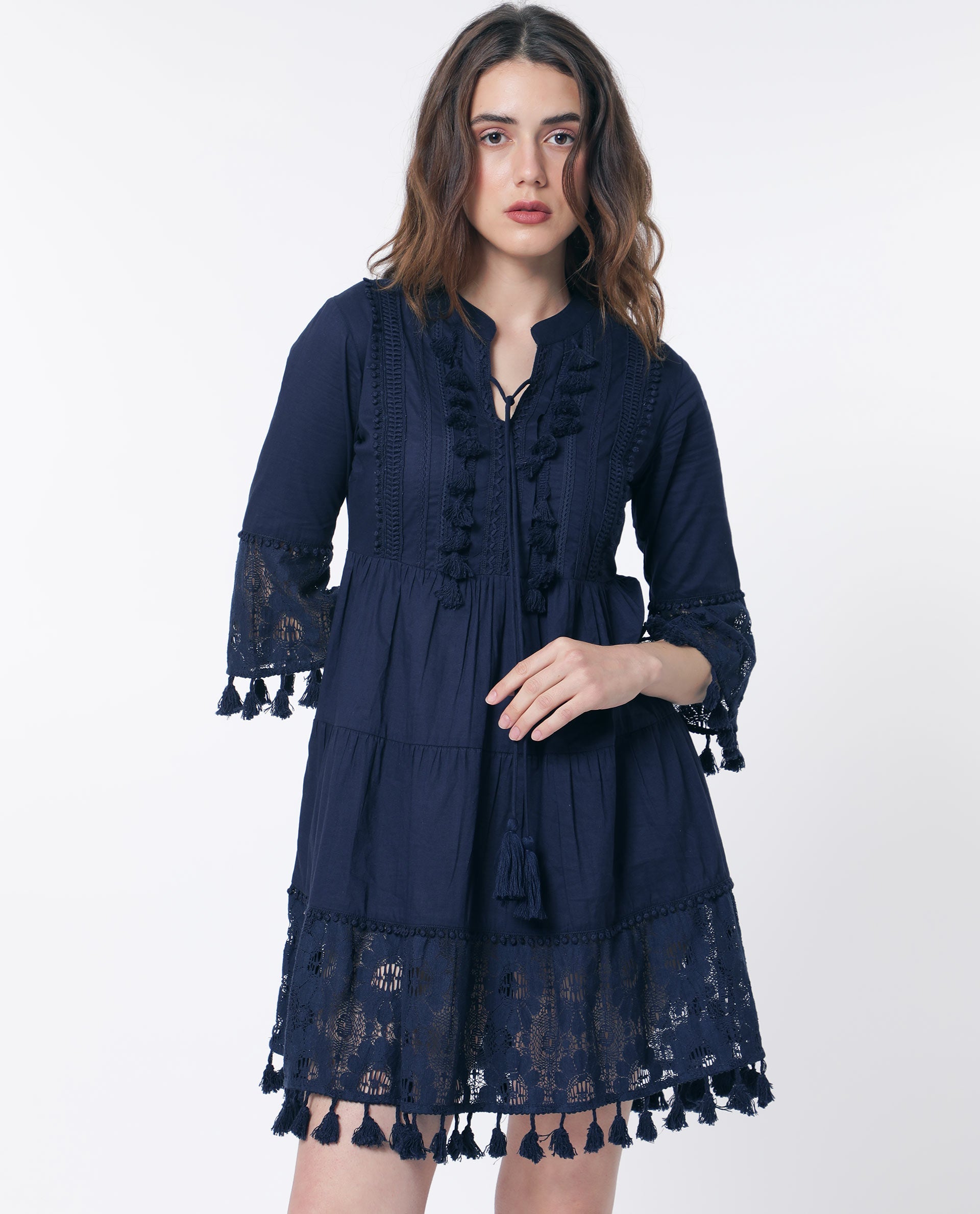 Rareism Women Andarin Navy Tie Up Neck Bell Sleeves Tassel Lace On Sleeve And Hem Mini Dress