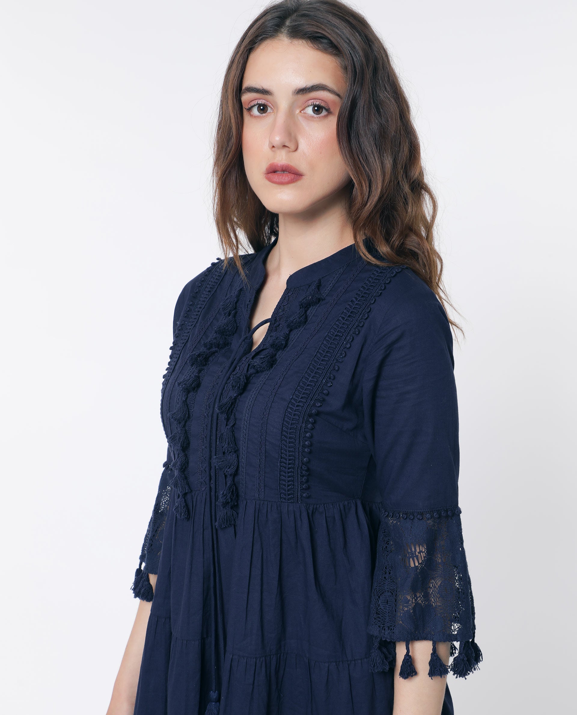 Rareism Women Andarin Navy Tie Up Neck Bell Sleeves Tassel Lace On Sleeve And Hem Mini Dress