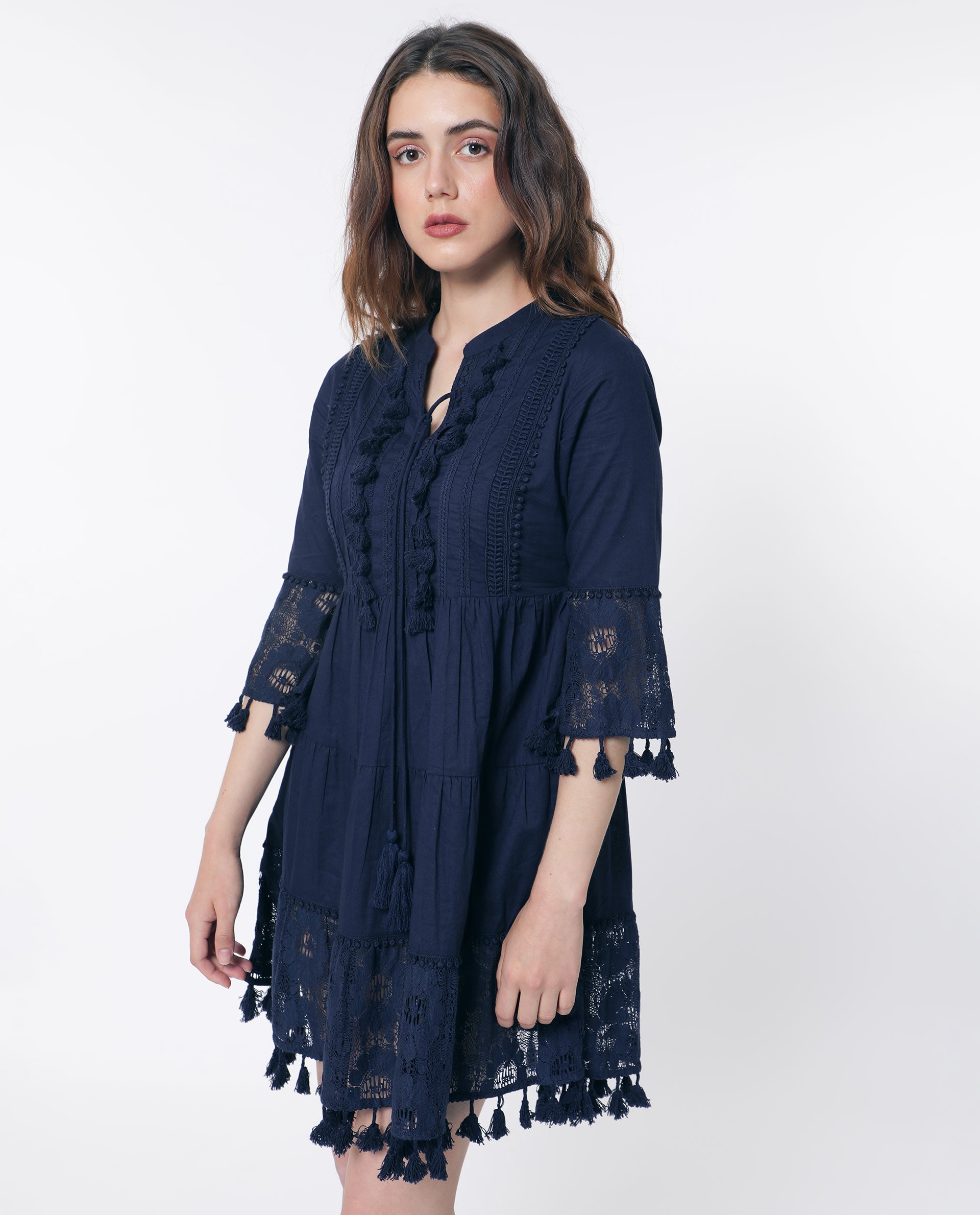 Rareism Women Andarin Navy Tie Up Neck Bell Sleeves Tassel Lace On Sleeve And Hem Mini Dress