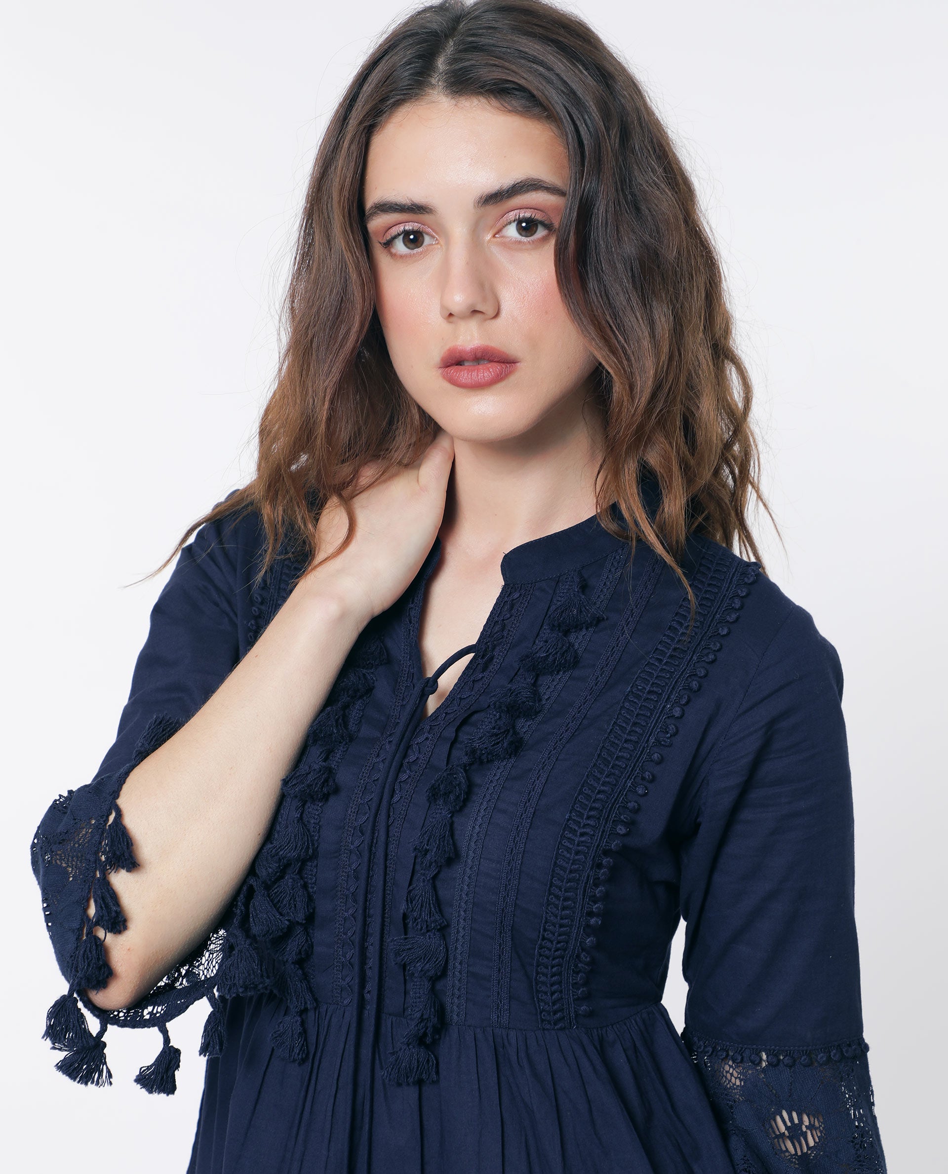 Rareism Women Andarin Navy Tie Up Neck Bell Sleeves Tassel Lace On Sleeve And Hem Mini Dress