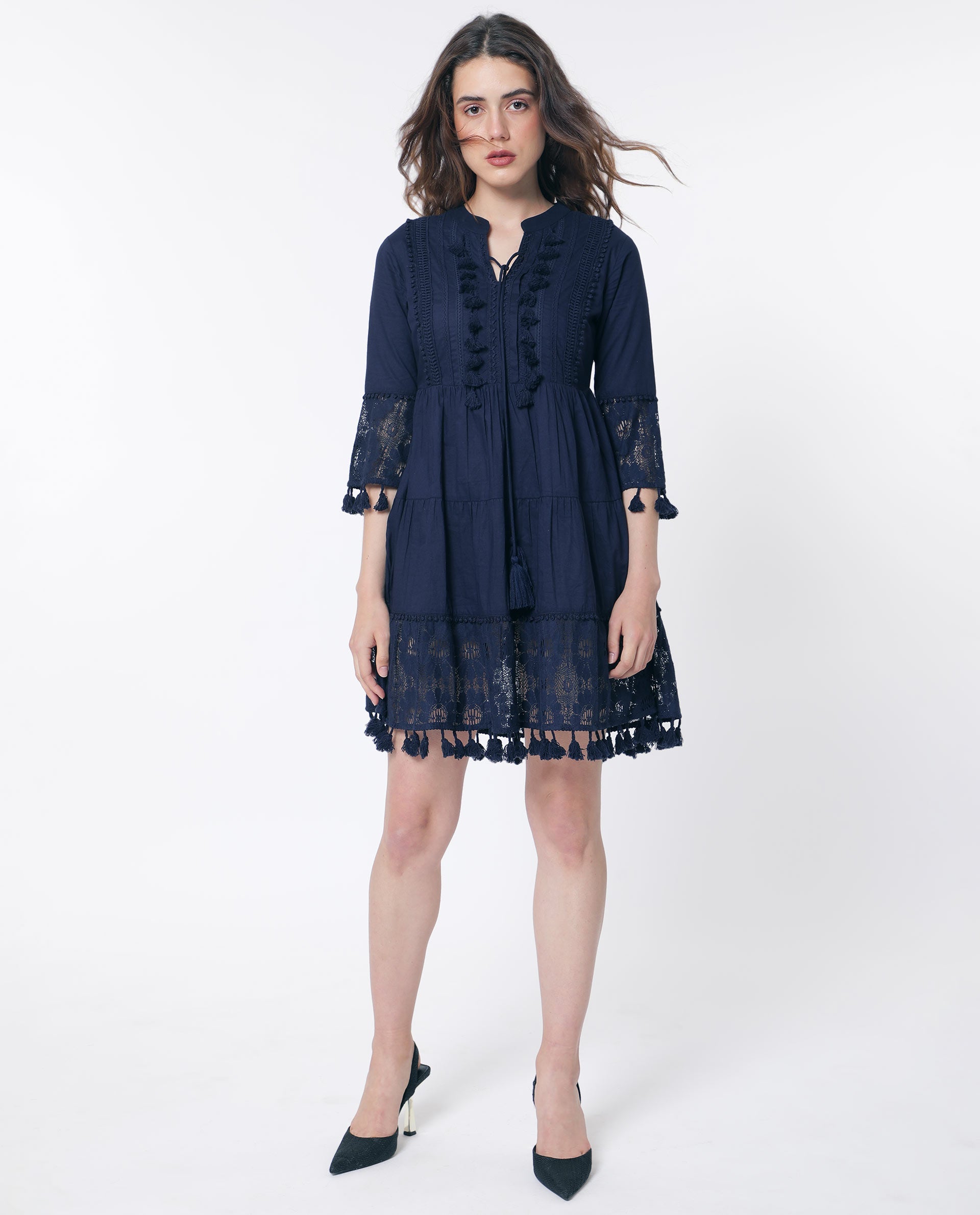 Rareism Women Andarin Navy Tie Up Neck Bell Sleeves Tassel Lace On Sleeve And Hem Mini Dress