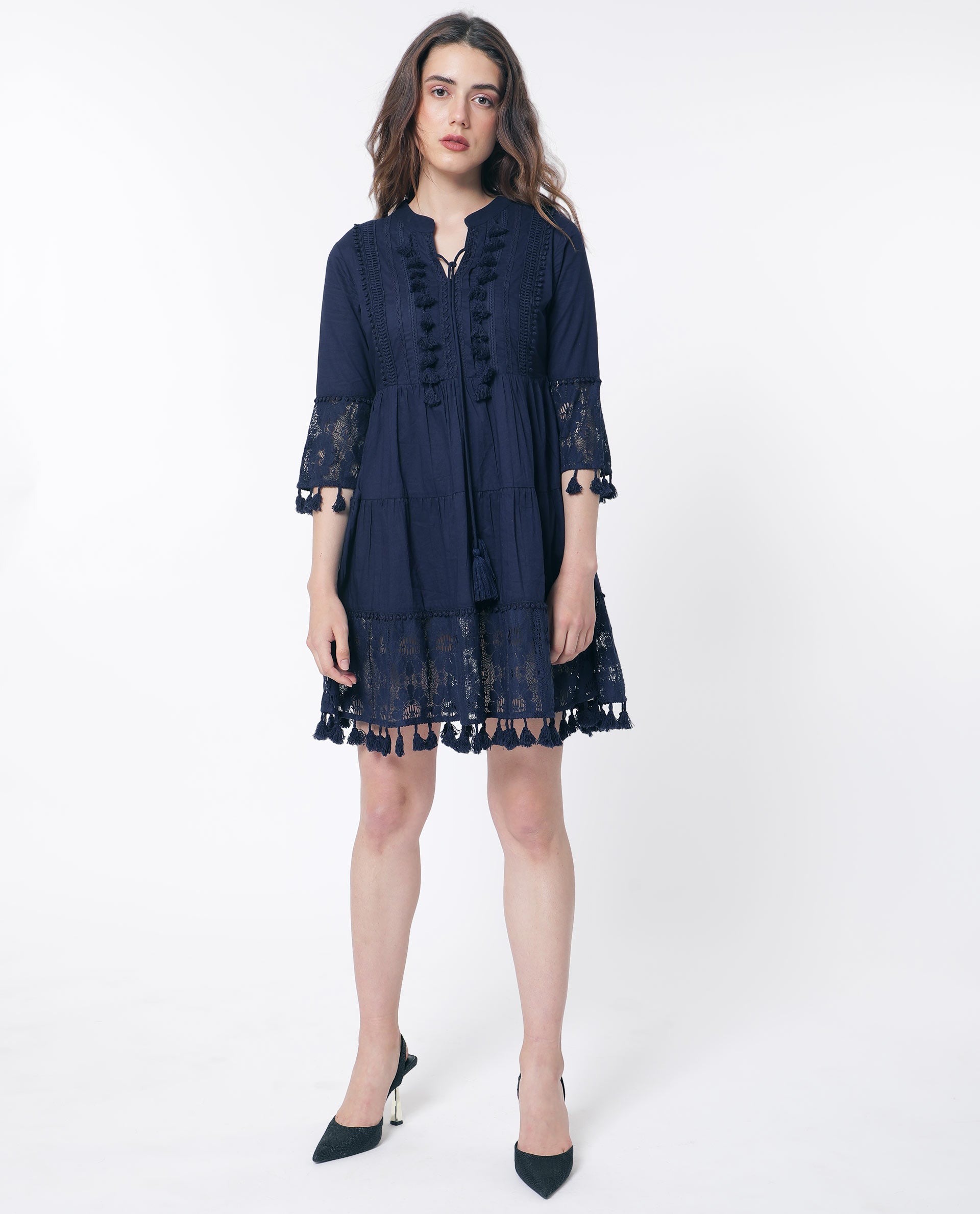Rareism Women Andarin Navy Tie Up Neck Bell Sleeves Tassel Lace On Sleeve And Hem Mini Dress