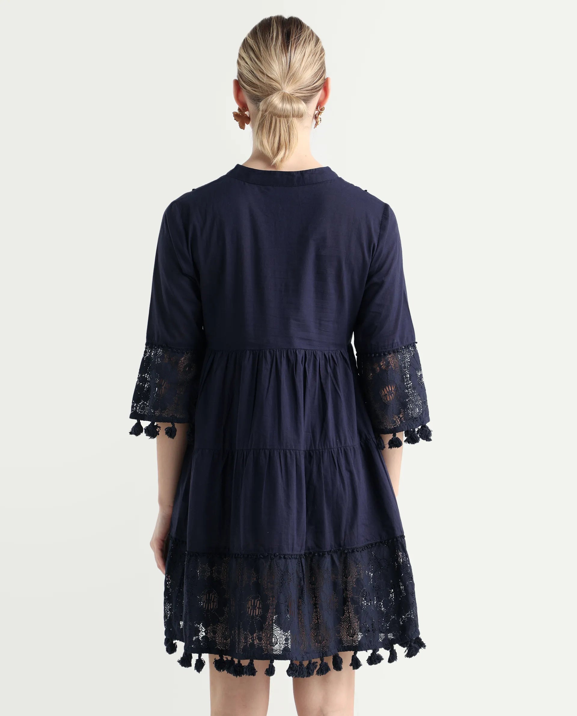 Rareism Women's Andarin Navy Cotton Tie-Up Neck Plain Bell Sleeve Knee Length Regular Fit Dress