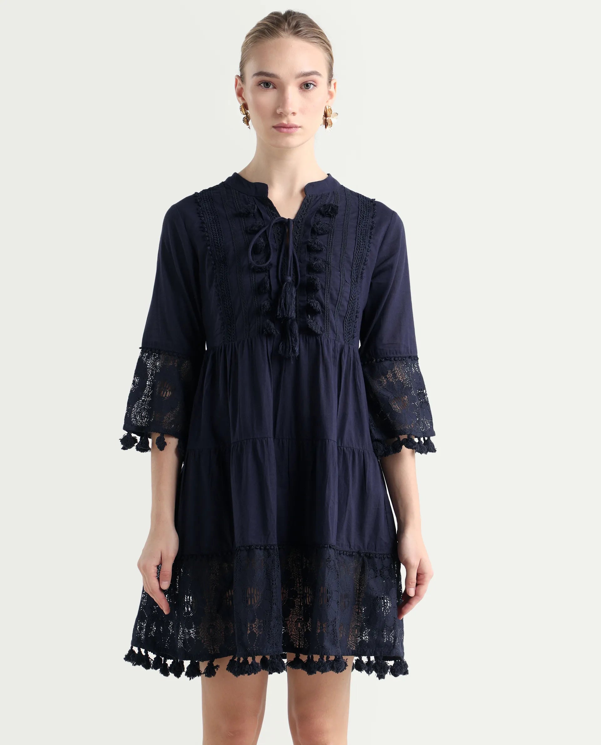 Rareism Women's Andarin Navy Cotton Tie-Up Neck Plain Bell Sleeve Knee Length Regular Fit Dress