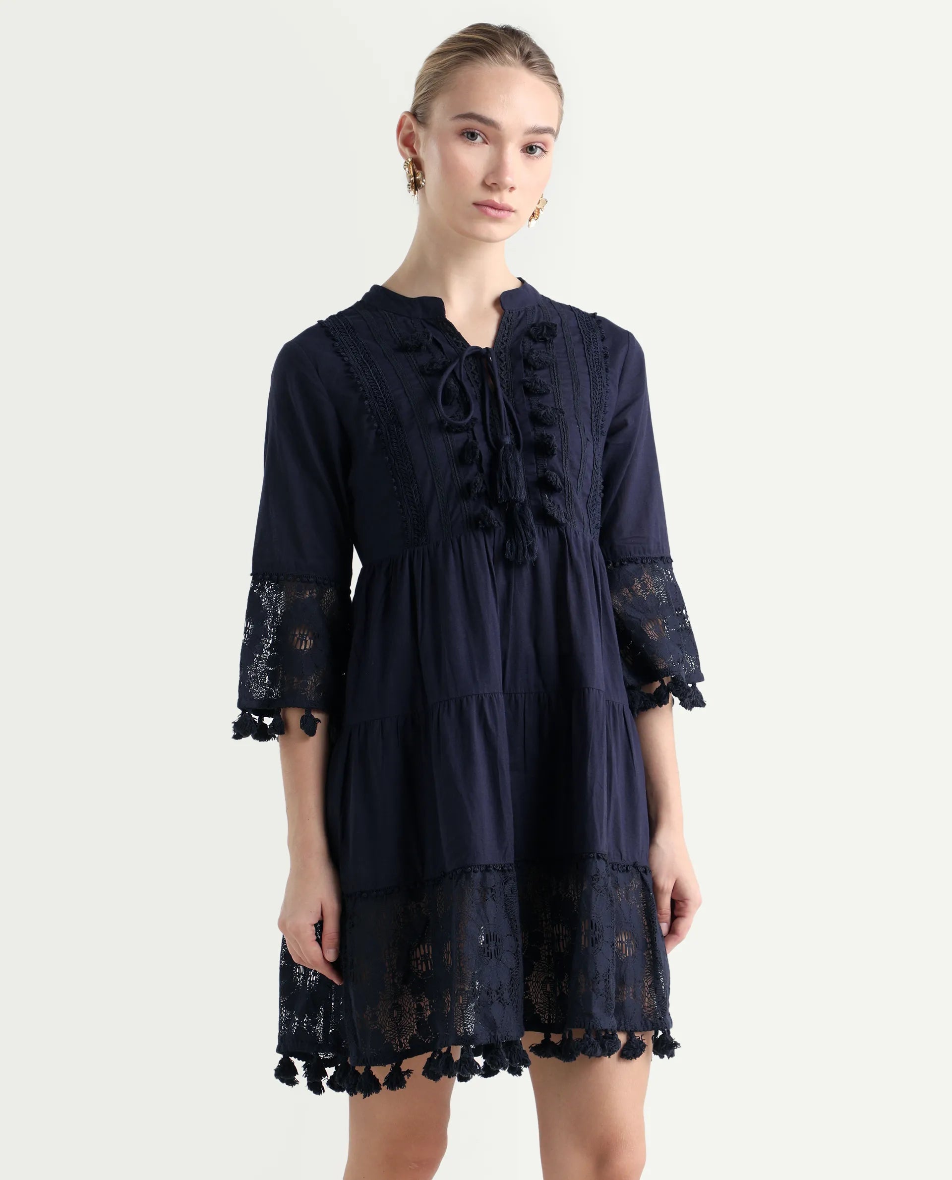 Rareism Women's Andarin Navy Cotton Tie-Up Neck Plain Bell Sleeve Knee Length Regular Fit Dress