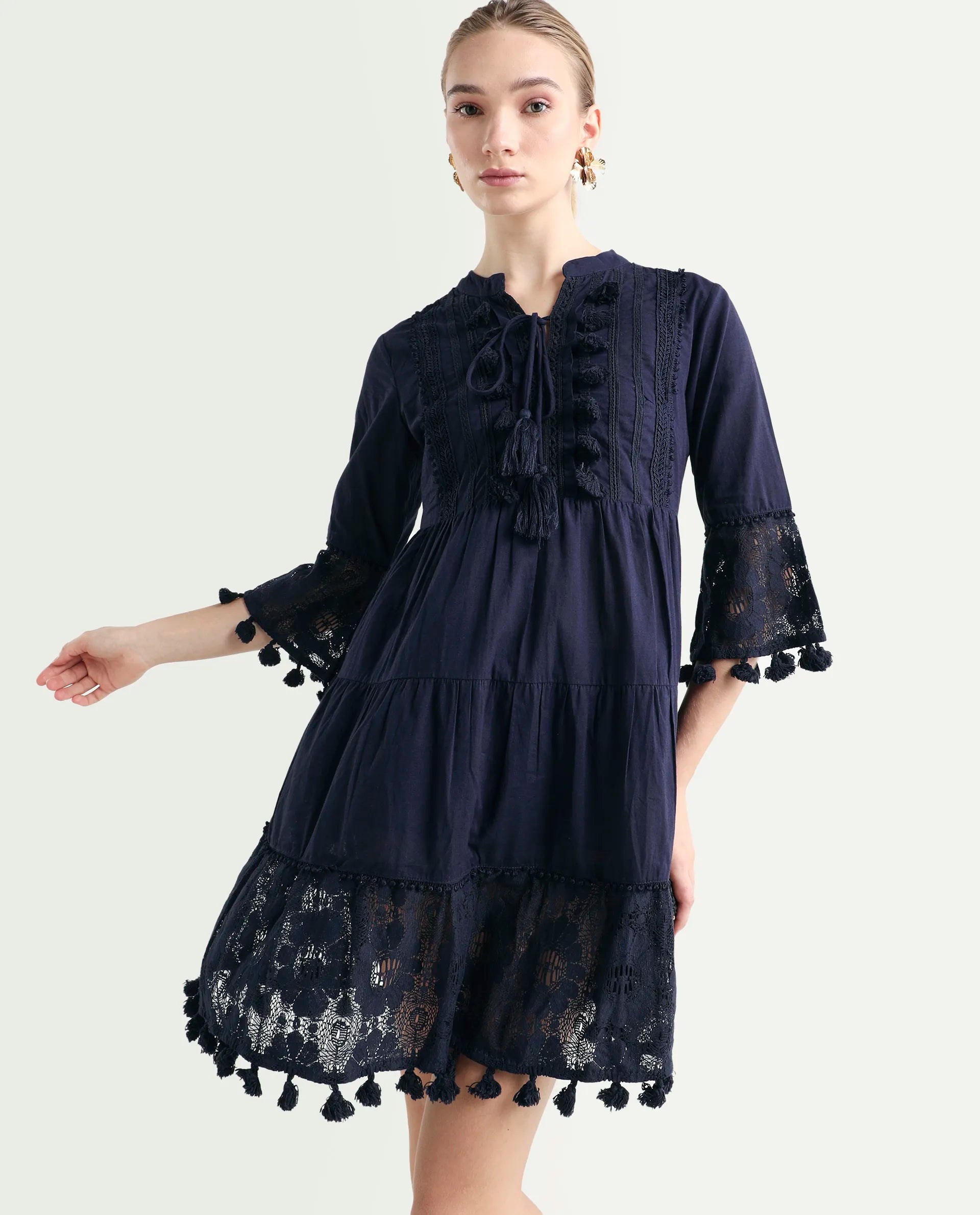 Rareism Women's Andarin Navy Cotton Tie-Up Neck Plain Bell Sleeve Knee Length Regular Fit Dress