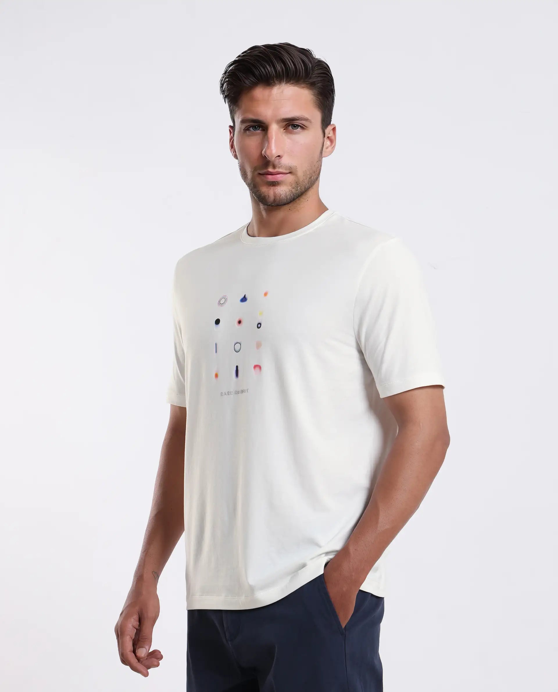 Rare Rabbit Men's Andem Off White Cotton Blend Graphic Print Regular Fit Half Sleeve Crew Neck T-Shirt