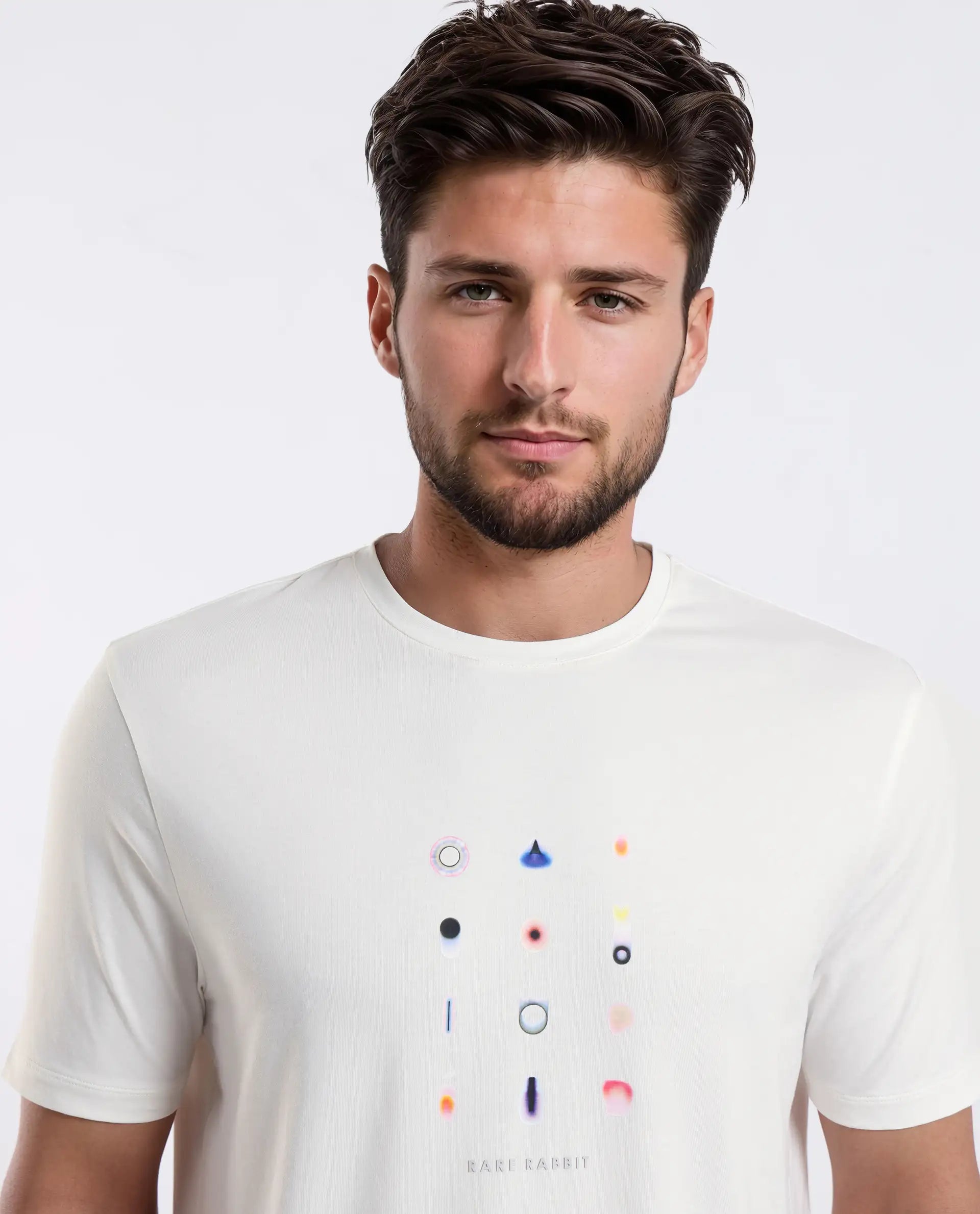 Rare Rabbit Men's Andem Off White Cotton Blend Graphic Print Regular Fit Half Sleeve Crew Neck T-Shirt