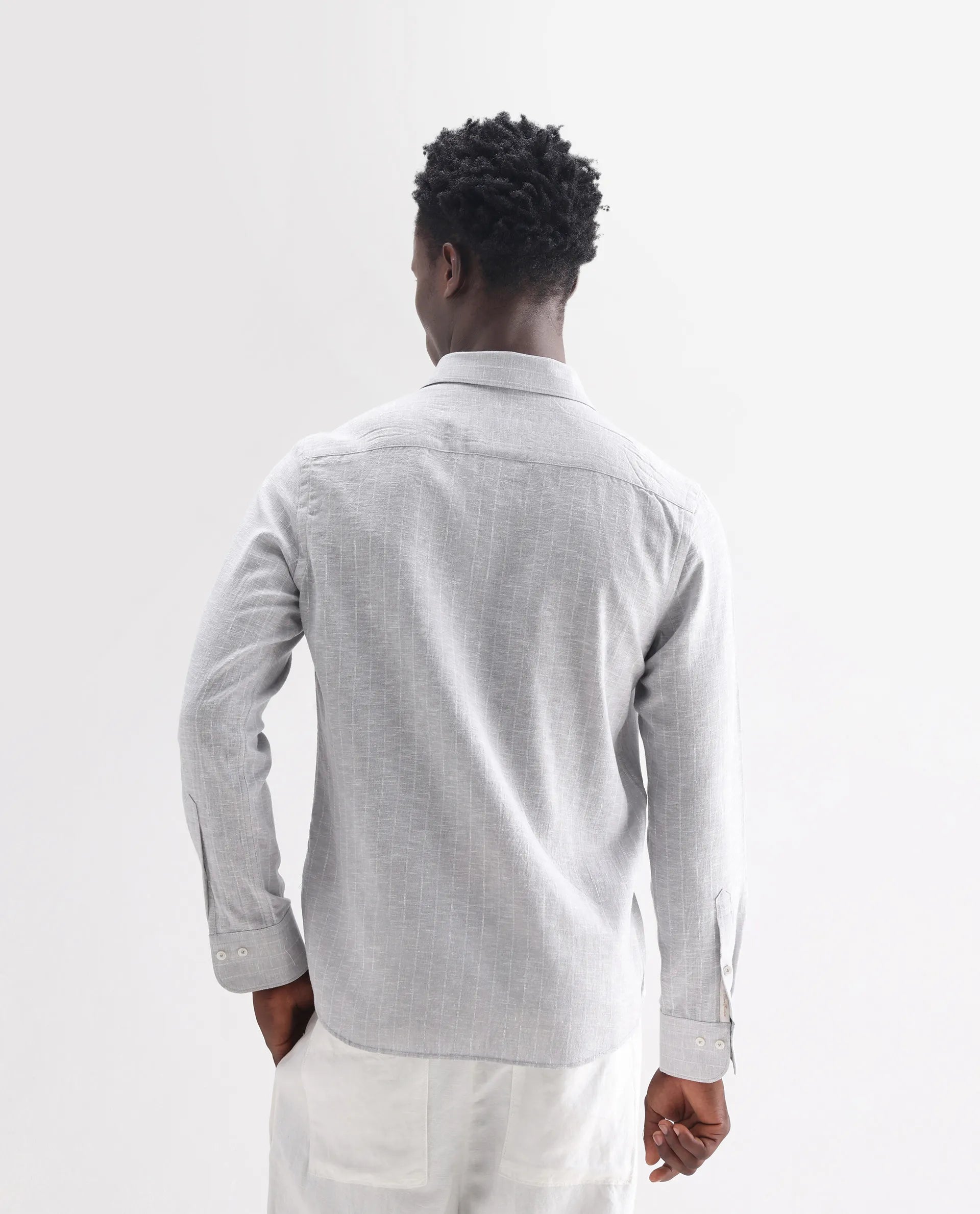 Rare Rabbit Men's Anders Light Grey 100% Linen Striped Print Regular Fit Full Sleeve Collared Shirt