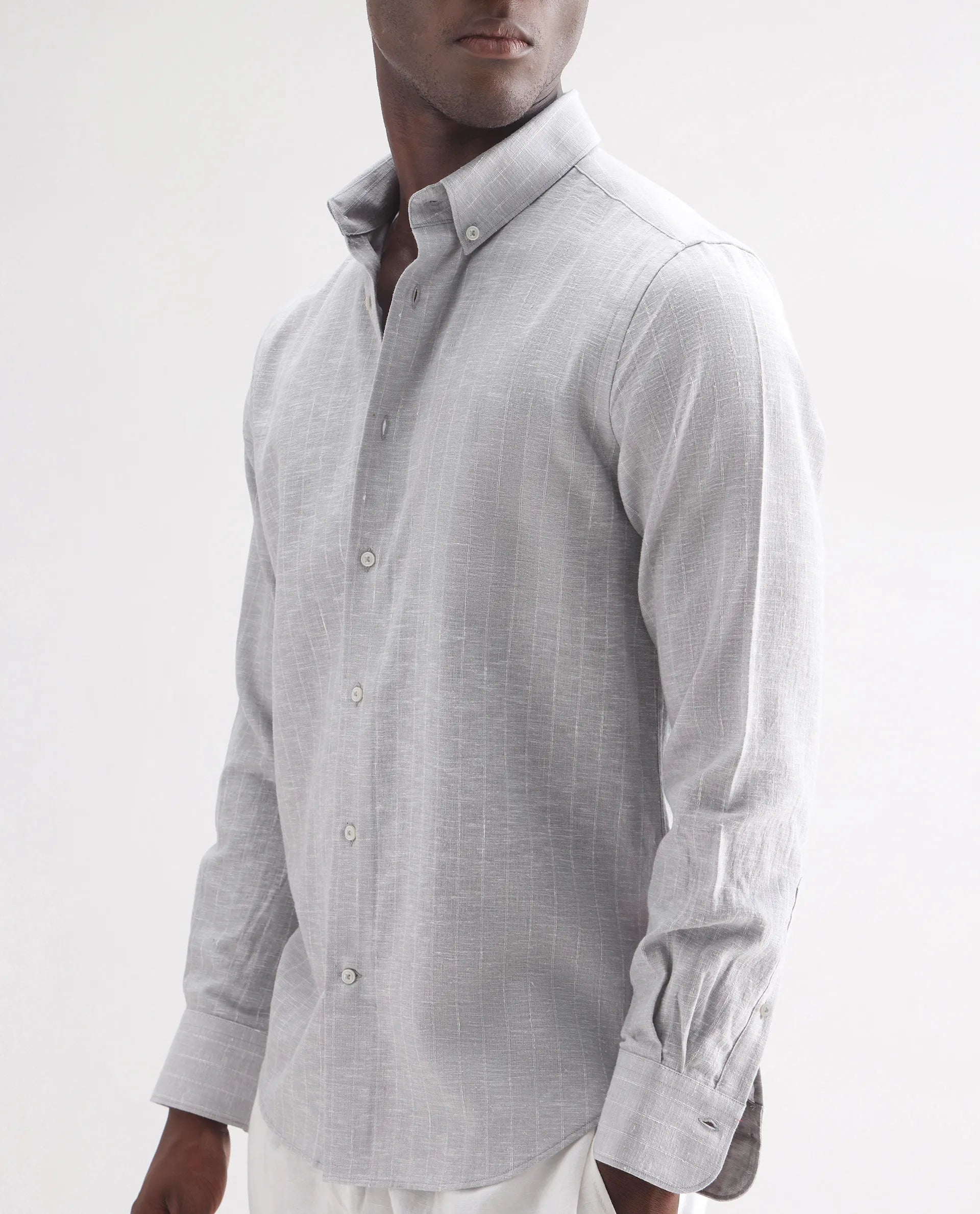Rare Rabbit Men's Anders Light Grey 100% Linen Striped Print Regular Fit Full Sleeve Collared Shirt
