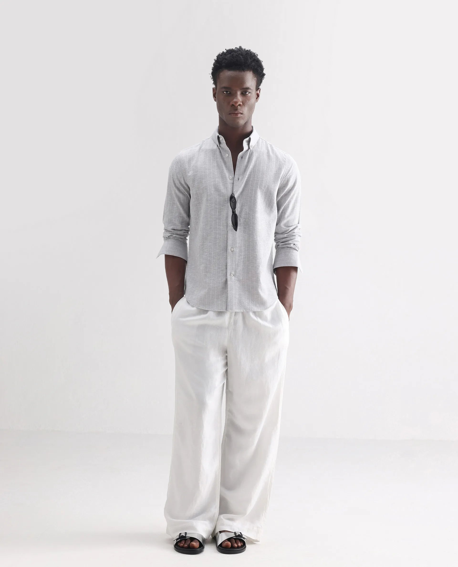 Rare Rabbit Men's Anders Light Grey 100% Linen Striped Print Regular Fit Full Sleeve Collared Shirt