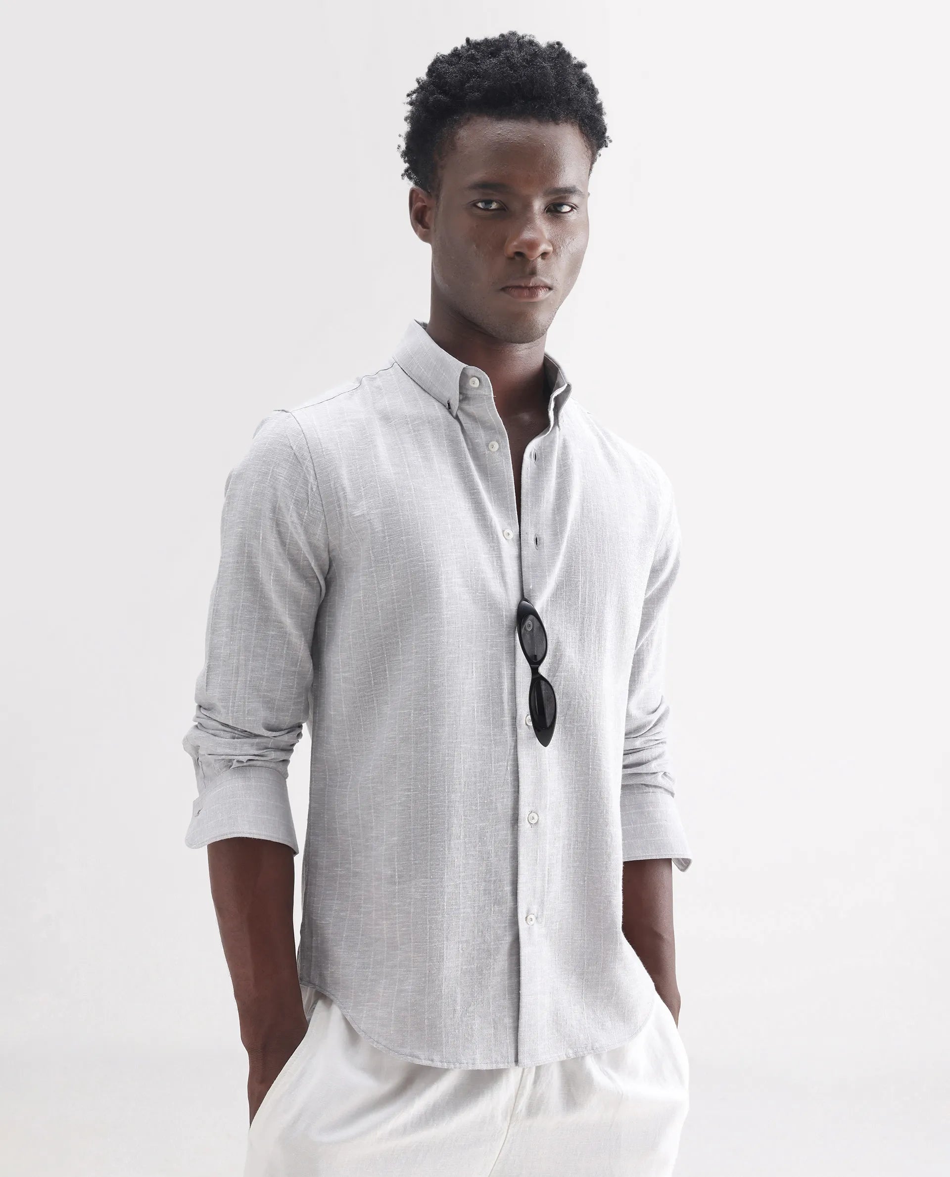 Rare Rabbit Men's Anders Light Grey 100% Linen Striped Print Regular Fit Full Sleeve Collared Shirt