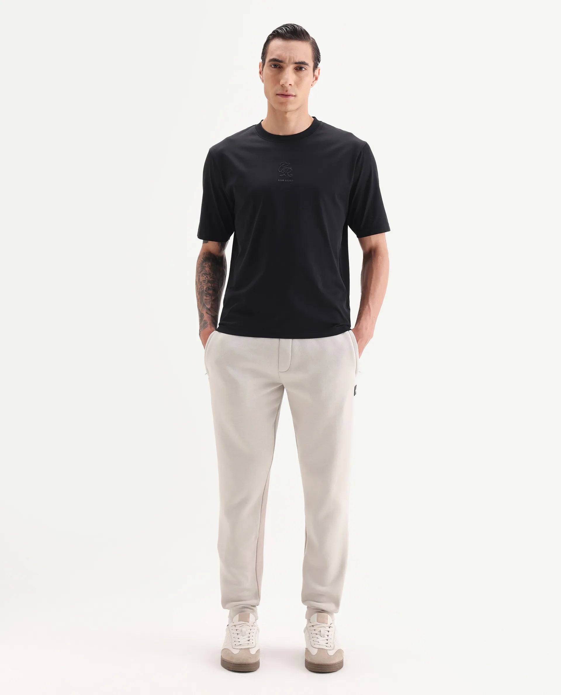 Rare Rabbit Men's Anderson-B25 Beige Cotton Blend Plain Joggers