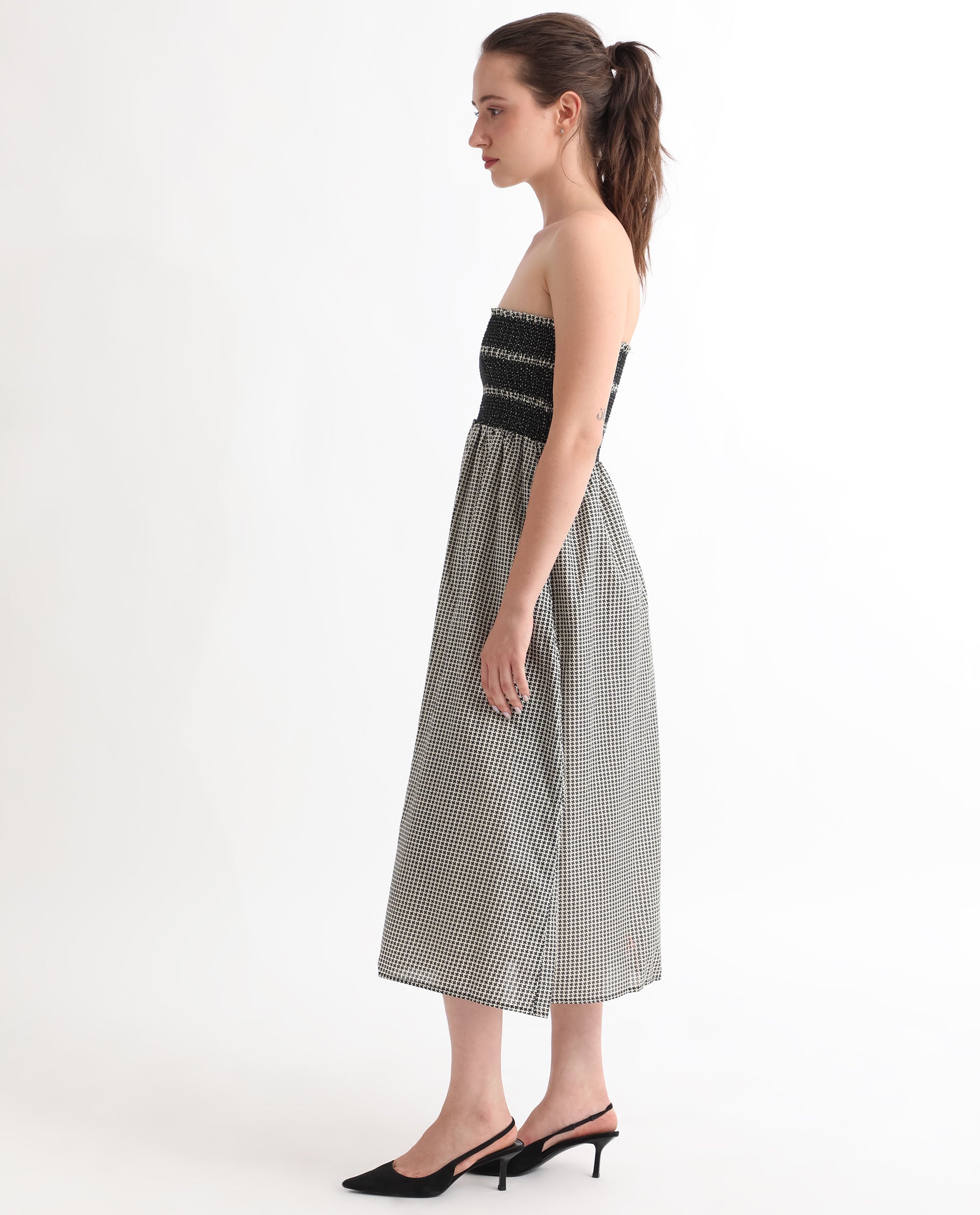 Rareism Women Anderson Beige Cotton Fabric Tube Neck Sleeveless Relaxed Fit Geometric Print Midi Empire Dress