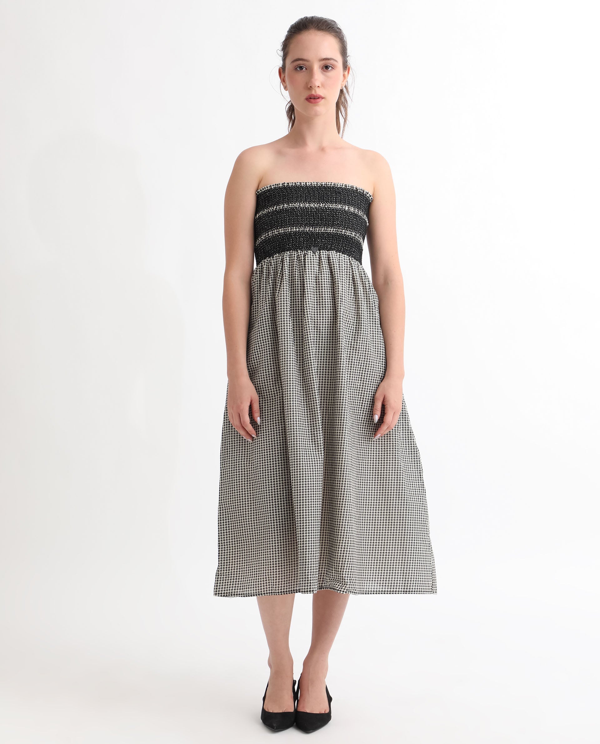 Rareism Women Anderson Beige Cotton Fabric Tube Neck Sleeveless Relaxed Fit Geometric Print Midi Empire Dress