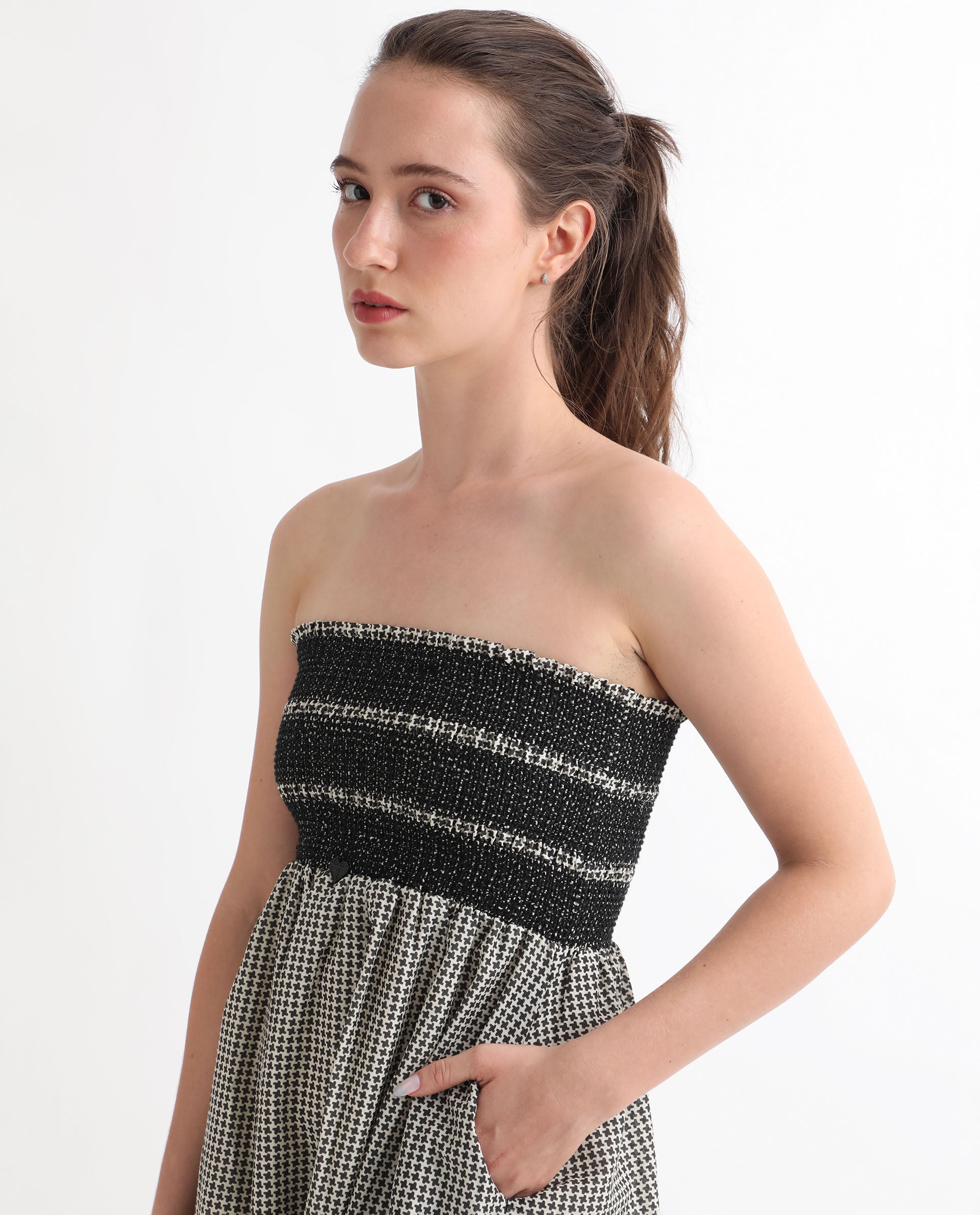 Rareism Women Anderson Beige Cotton Fabric Tube Neck Sleeveless Relaxed Fit Geometric Print Midi Empire Dress