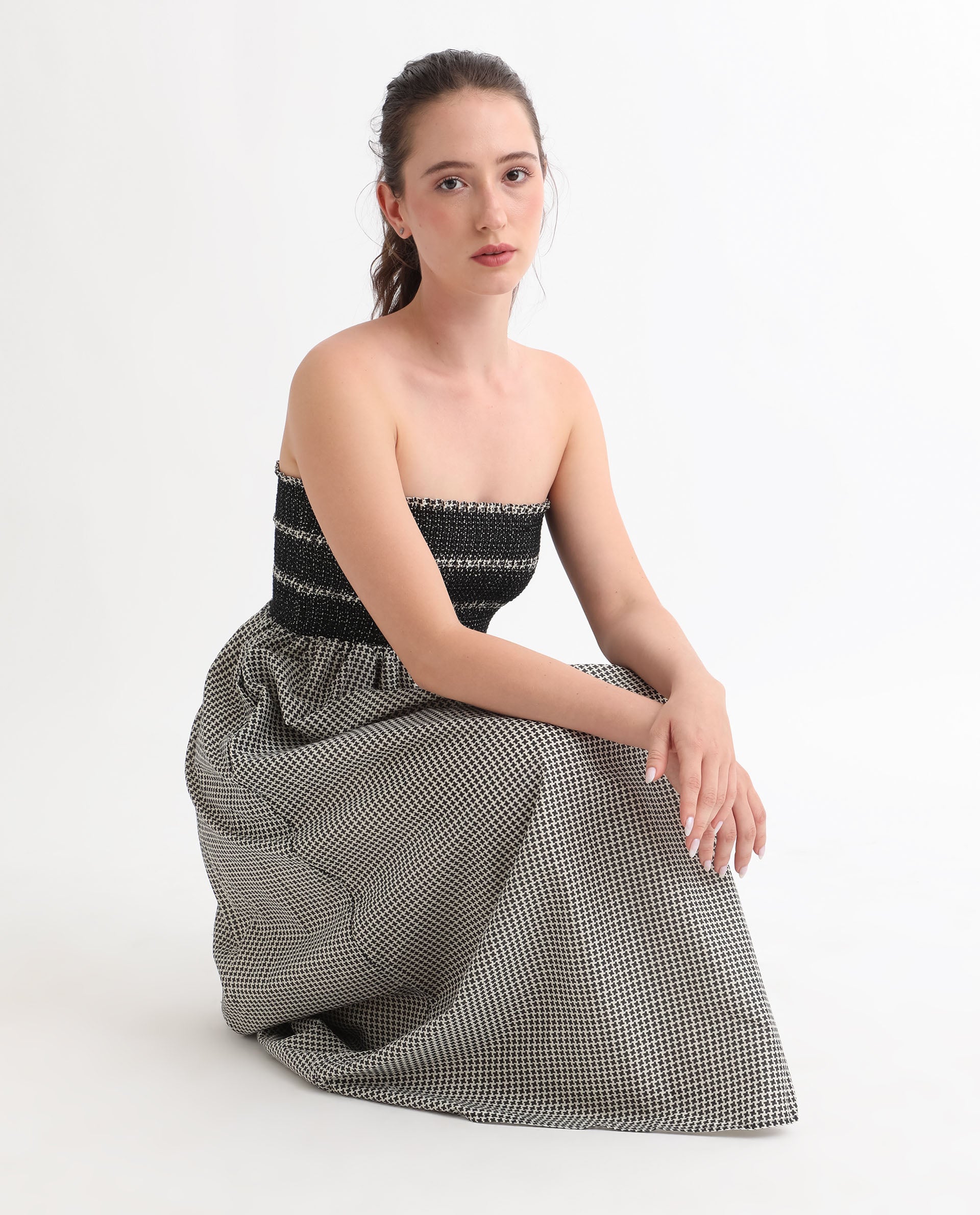 Rareism Women Anderson Beige Cotton Fabric Tube Neck Sleeveless Relaxed Fit Geometric Print Midi Empire Dress