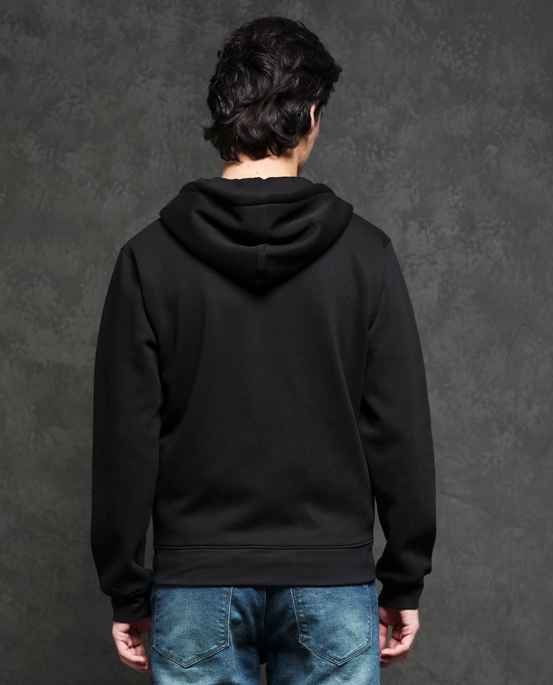RARE RABBIT MENS ANDERSON BLACK SWEATSHIRT COTTON POLYESTER FABRIC HOODED NECK KNITTED FULL SLEEVES ZIPPER CLOSURE COMFORTABLE FIT
