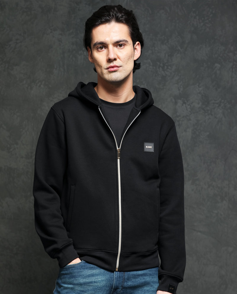 RARE RABBIT MENS ANDERSON BLACK SWEATSHIRT COTTON POLYESTER FABRIC HOODED NECK KNITTED FULL SLEEVES ZIPPER CLOSURE COMFORTABLE FIT