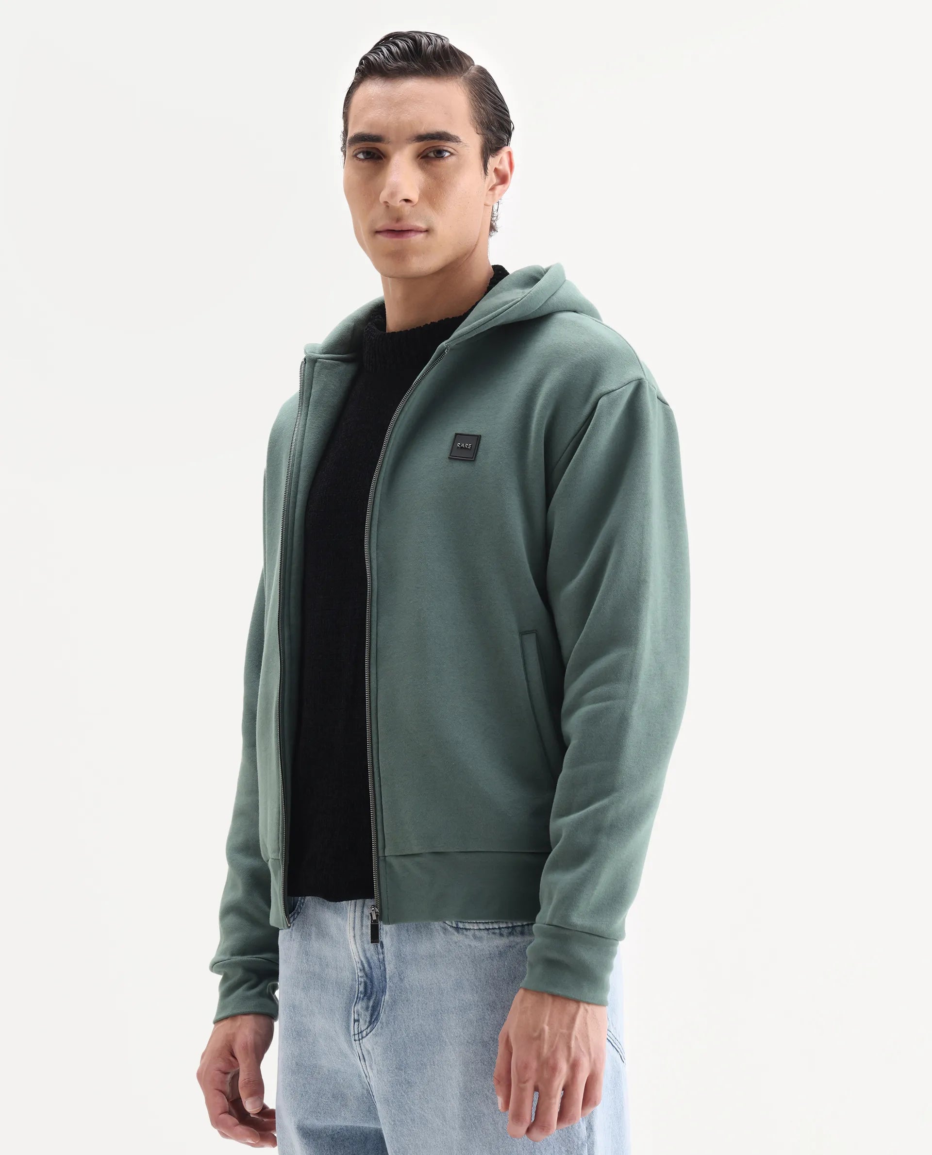 Rare Rabbit Men's Anderson-T25 Dusky Green Cotton Blend Plain Regular Fit Full Sleeve Hooded Sweatshirt