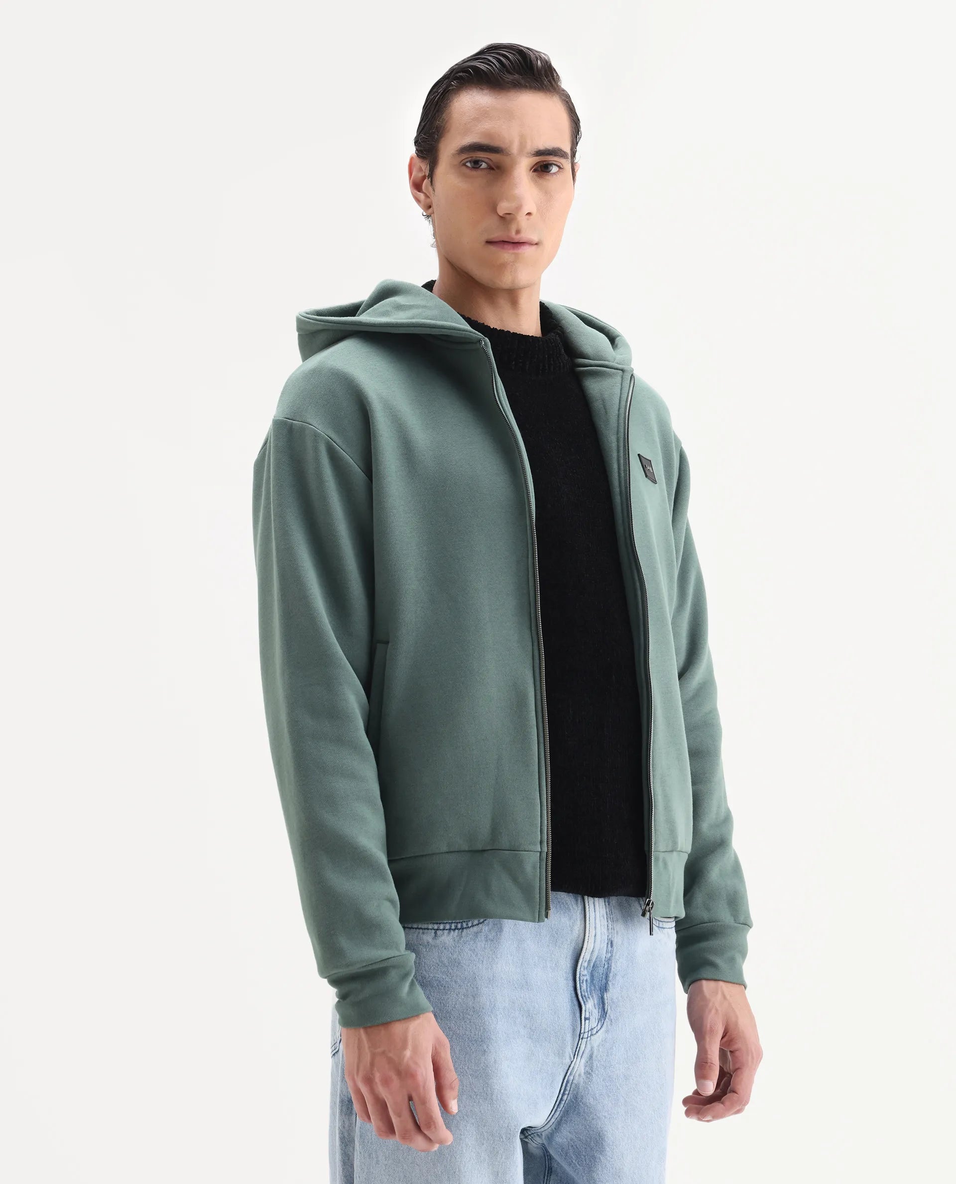 Rare Rabbit Men's Anderson-T25 Dusky Green Cotton Blend Plain Regular Fit Full Sleeve Hooded Sweatshirt
