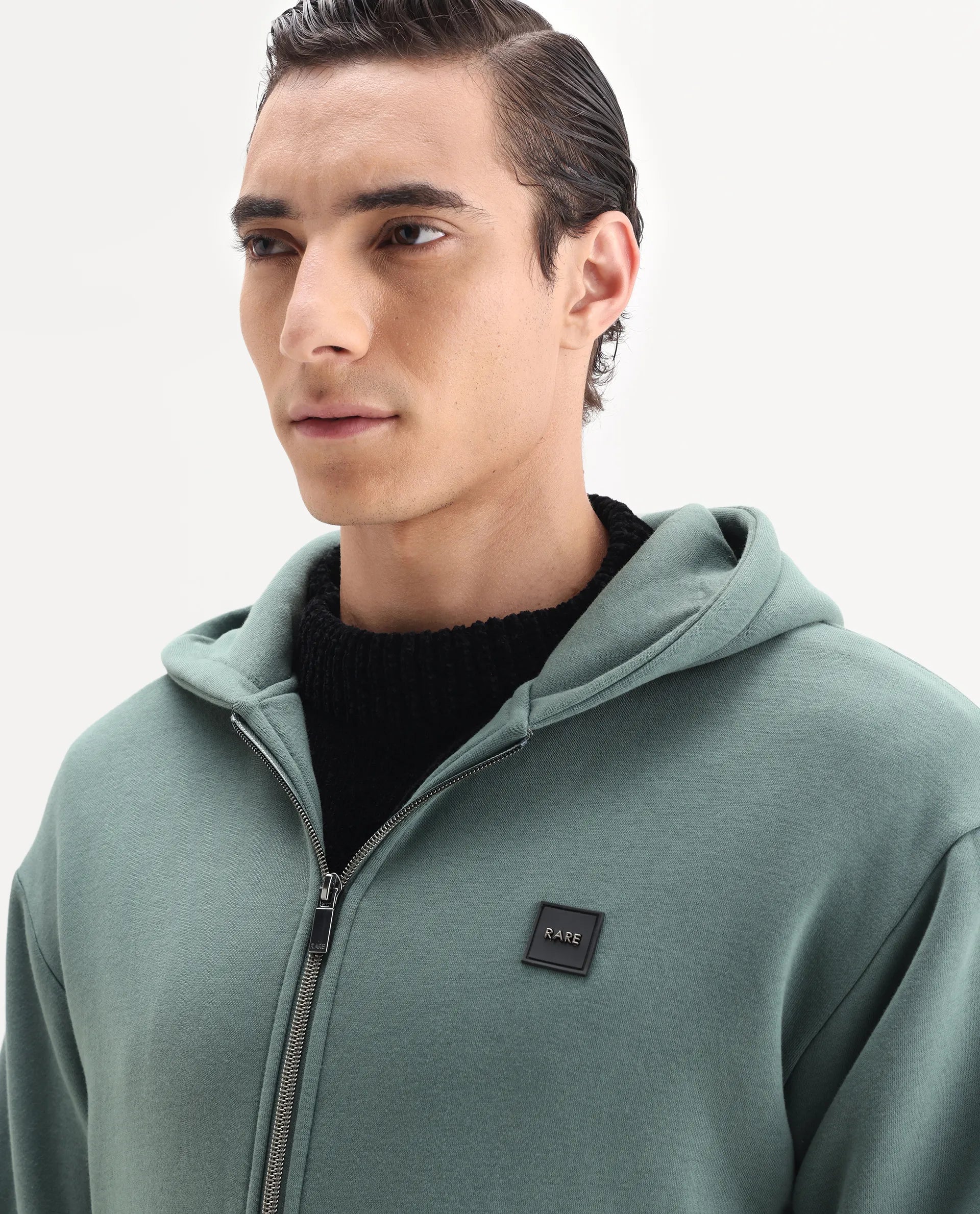 Rare Rabbit Men's Anderson-T25 Dusky Green Cotton Blend Plain Regular Fit Full Sleeve Hooded Sweatshirt