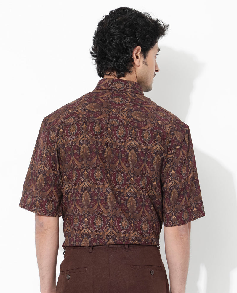 Rare Rabbit Men's Andin Brown Viscose Fabric Half Sleeves Boxy Fit Floral Geometric Print Shirt