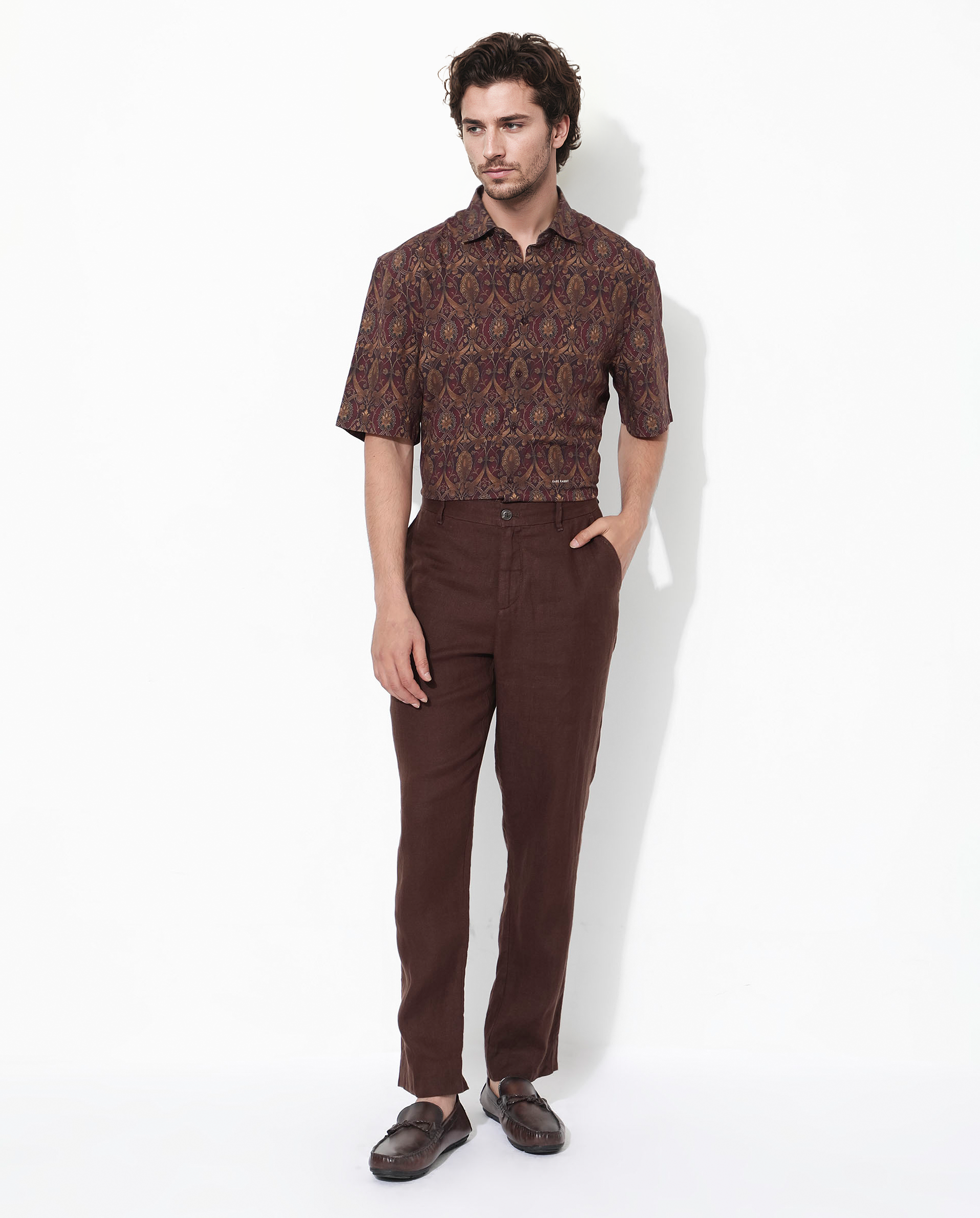 Rare Rabbit Men's Andin Brown Viscose Fabric Half Sleeves Boxy Fit Floral Geometric Print Shirt