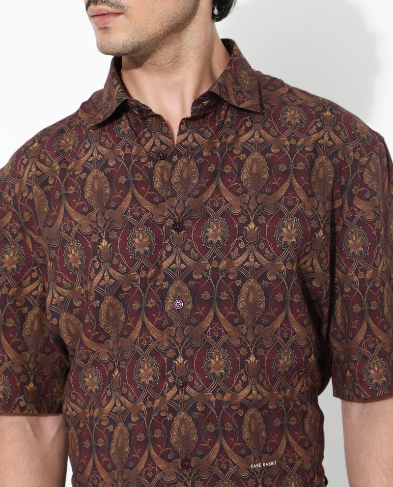 Rare Rabbit Men's Andin Brown Viscose Fabric Half Sleeves Boxy Fit Floral Geometric Print Shirt