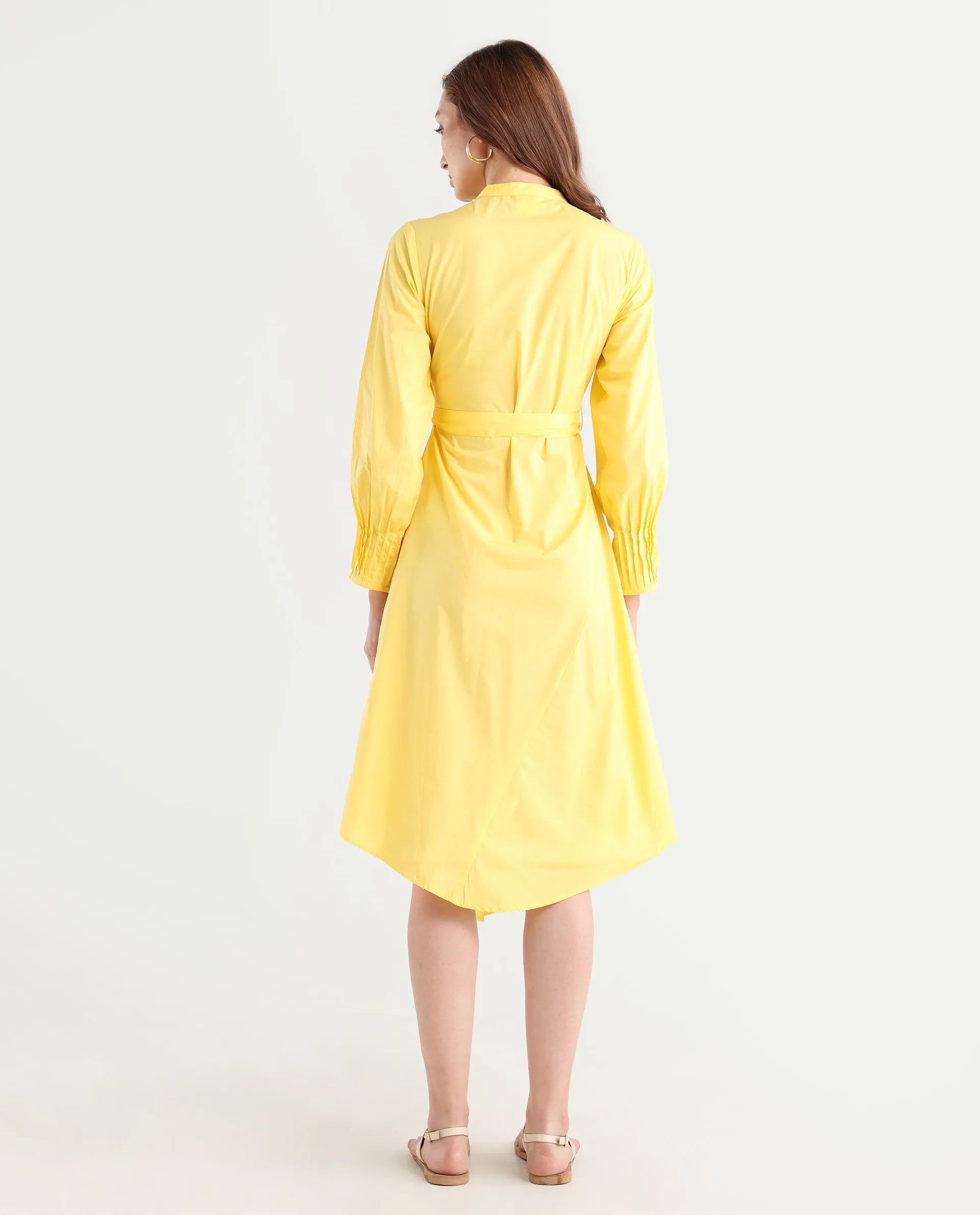 Rareism Women's Andma Yellow Cotton Mandarin Collar Dyed Cuffed Sleeve Midi Fit And Flare Dress