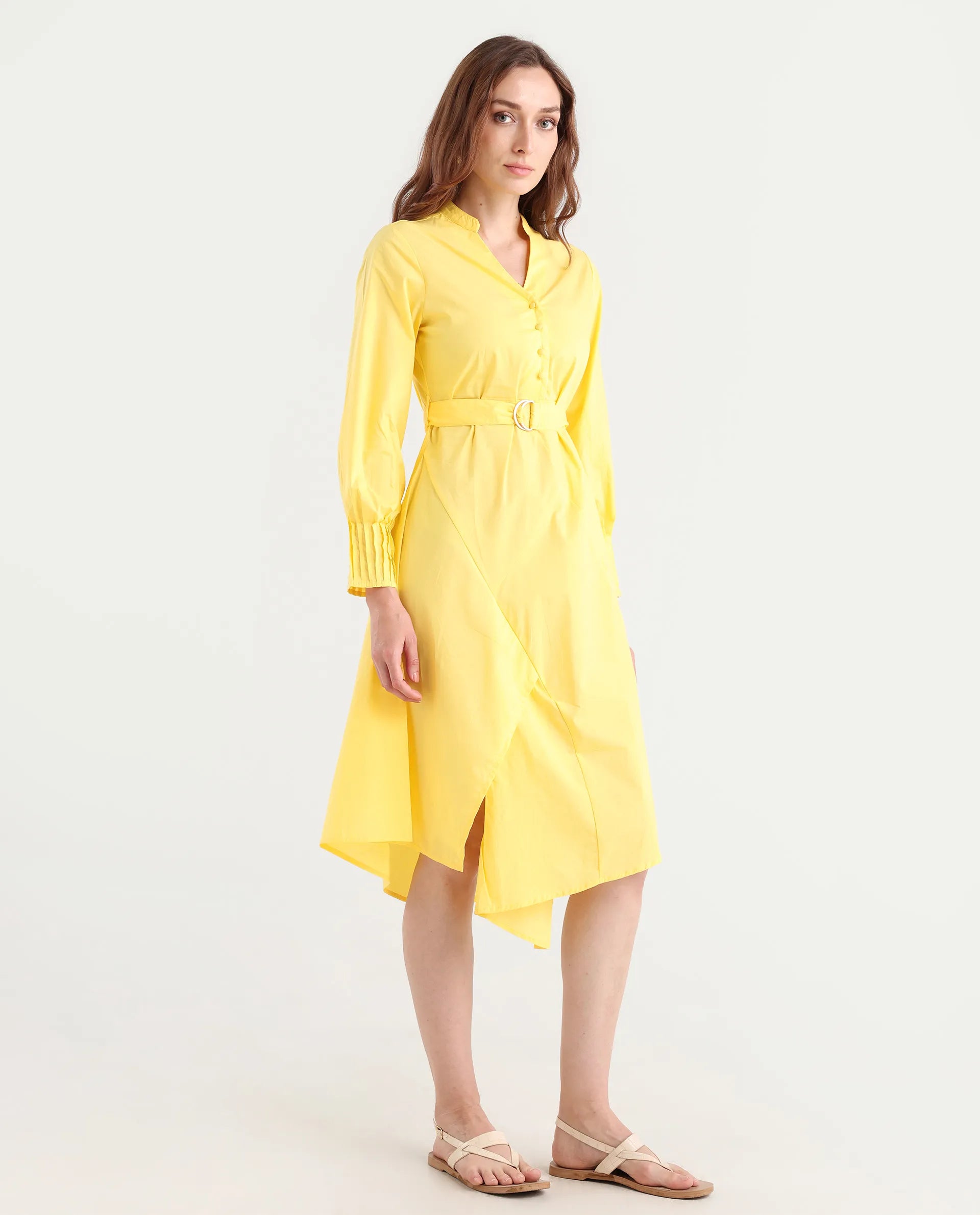 Rareism Women's Andma Yellow Cotton Mandarin Collar Dyed Cuffed Sleeve Midi Fit And Flare Dress