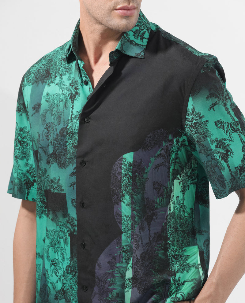 Rare Rabbit Articale Men's Andre Green Collared Neck Abstract Print Slim Fit Shirt